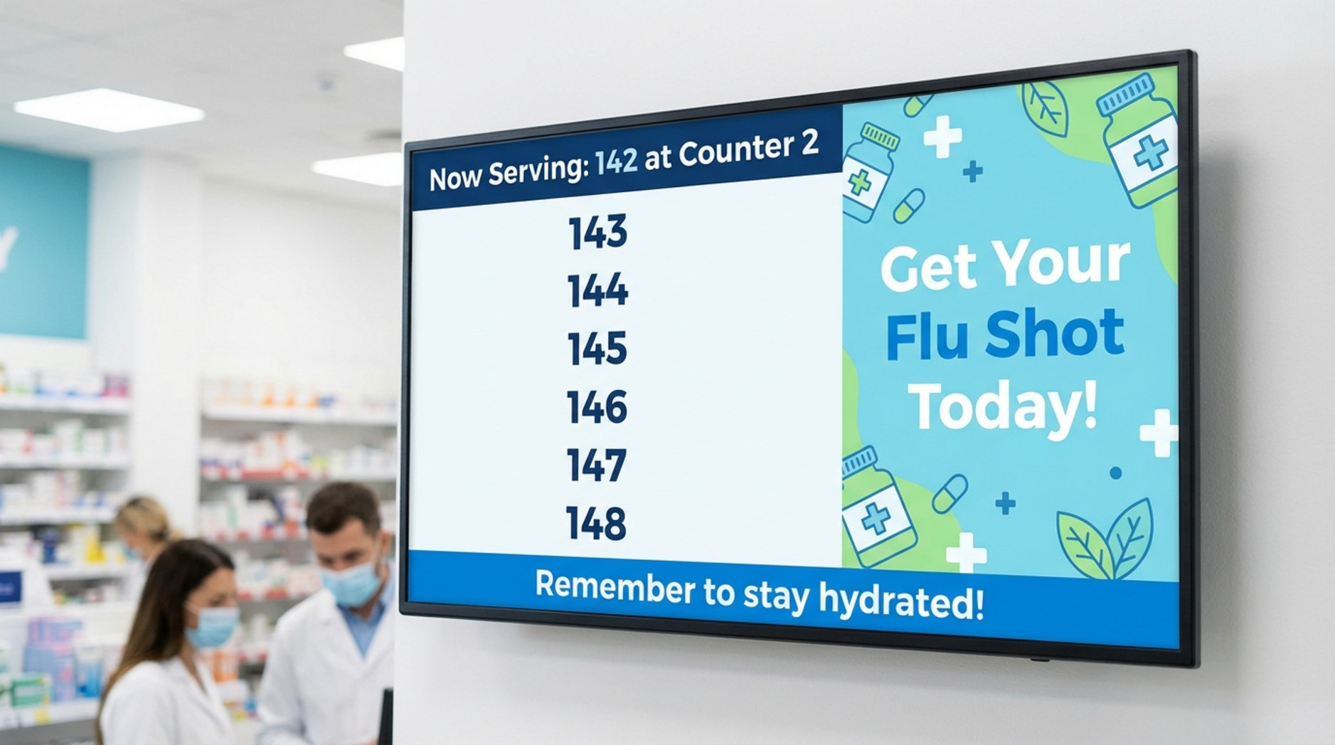 A wall-mounted digital queue screen in a pharmacy showing current service information and health promotion graphics.