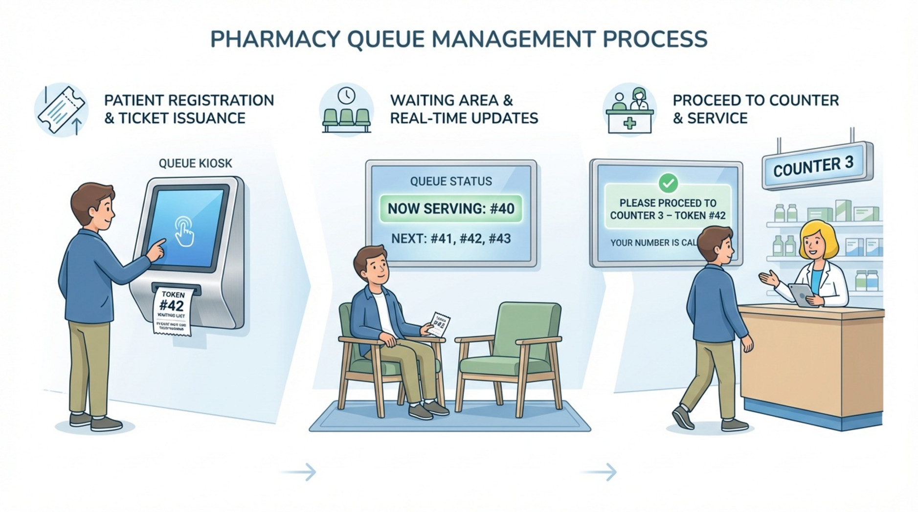 Infographic illustrating pharmacy queue management with three steps: receiving a ticket at a kiosk, waiting while watching a digital screen, and being called to a counter.