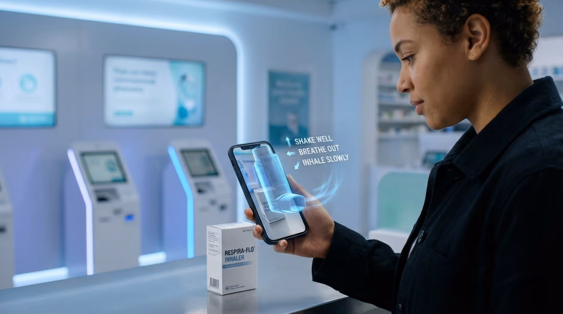 A person in a modern pharmacy uses a smartphone to view an augmented reality inhaler with instructions floating above the product.
