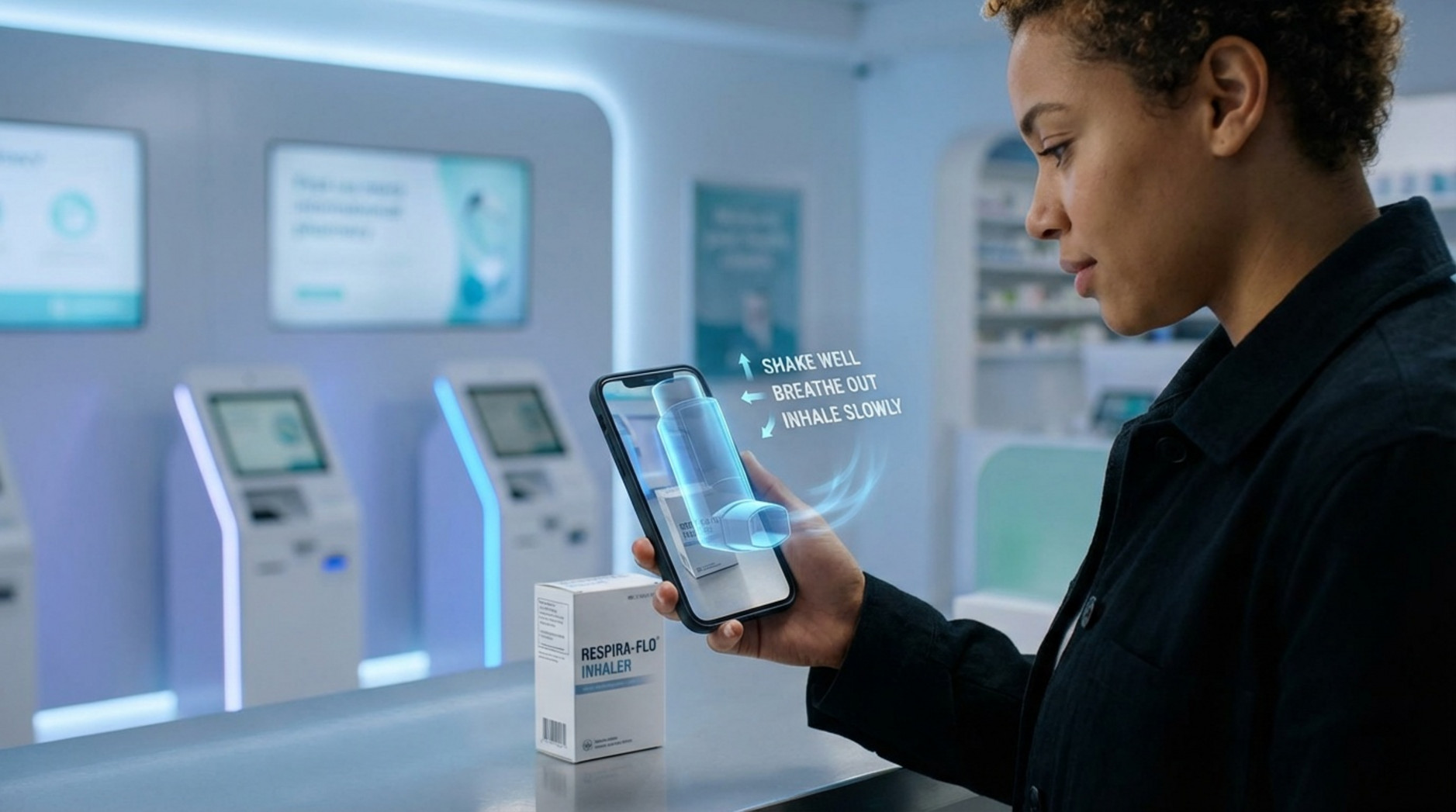 A person in a modern pharmacy uses a smartphone to view an augmented reality inhaler with instructions floating above the product.