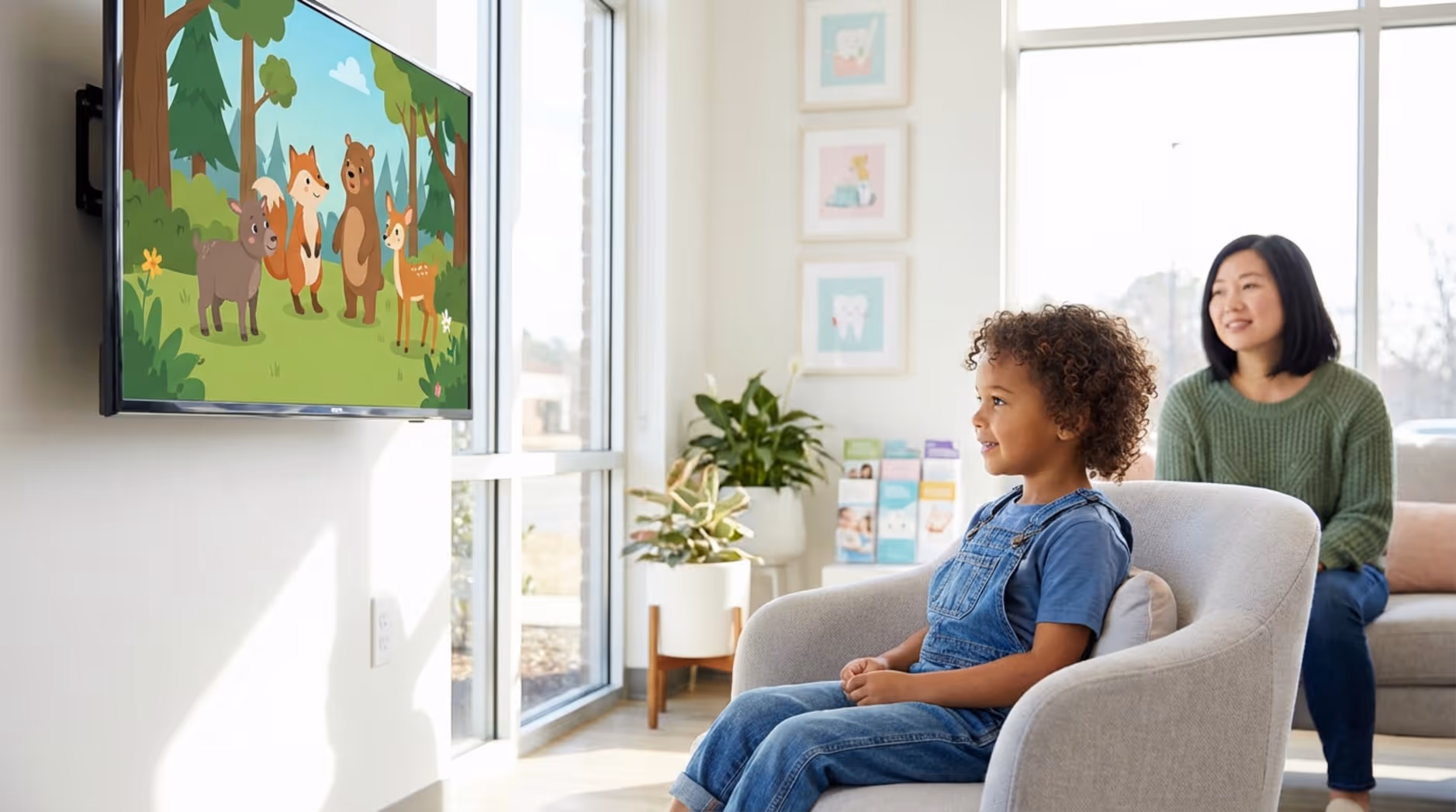 A young child happily watches a colorful cartoon on a digital screen in a dental waiting room, with a calm parent in the background, illustrating the calming effect of digital signage.