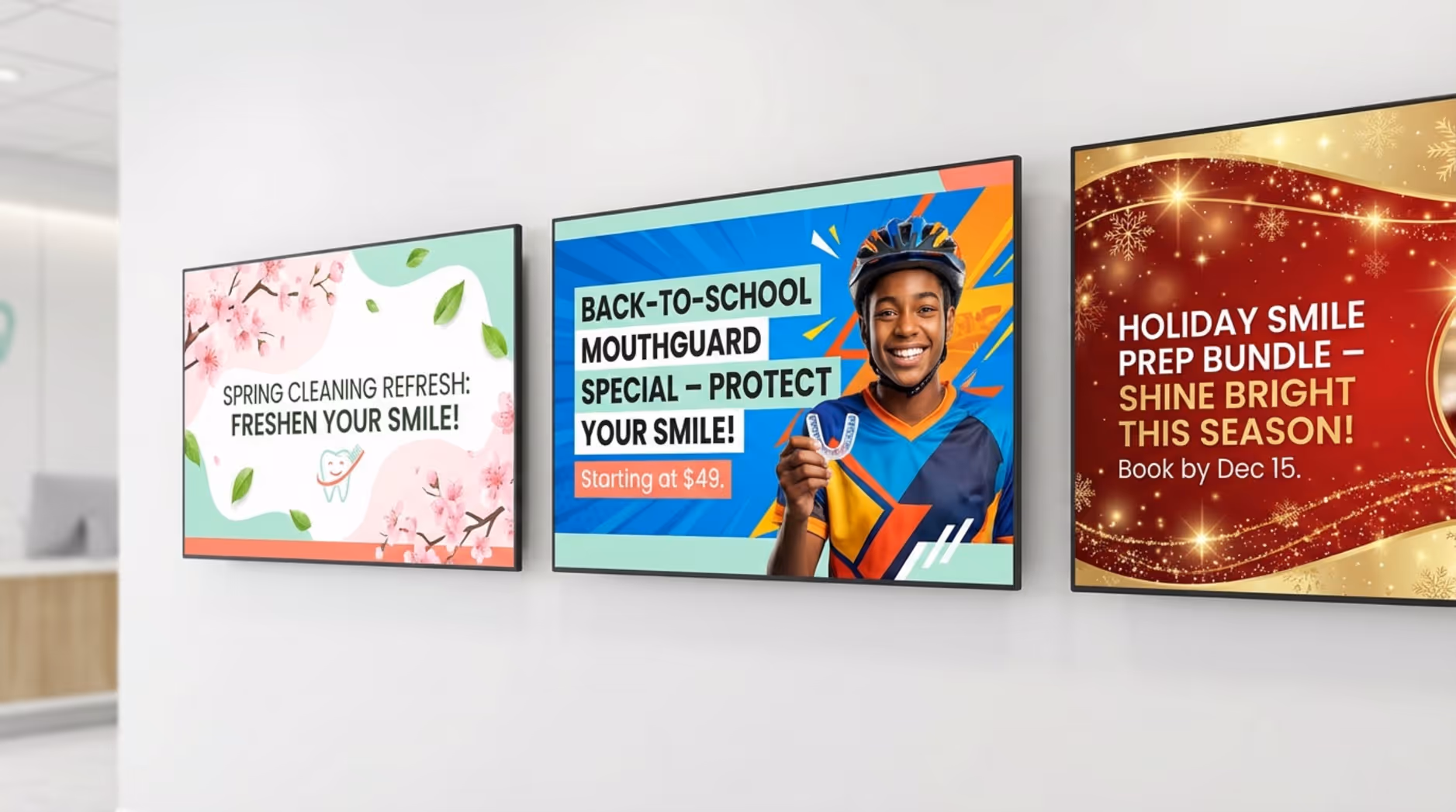 Collage of three digital signage screens promoting seasonal dental offers with floral, sports, and festive themes.