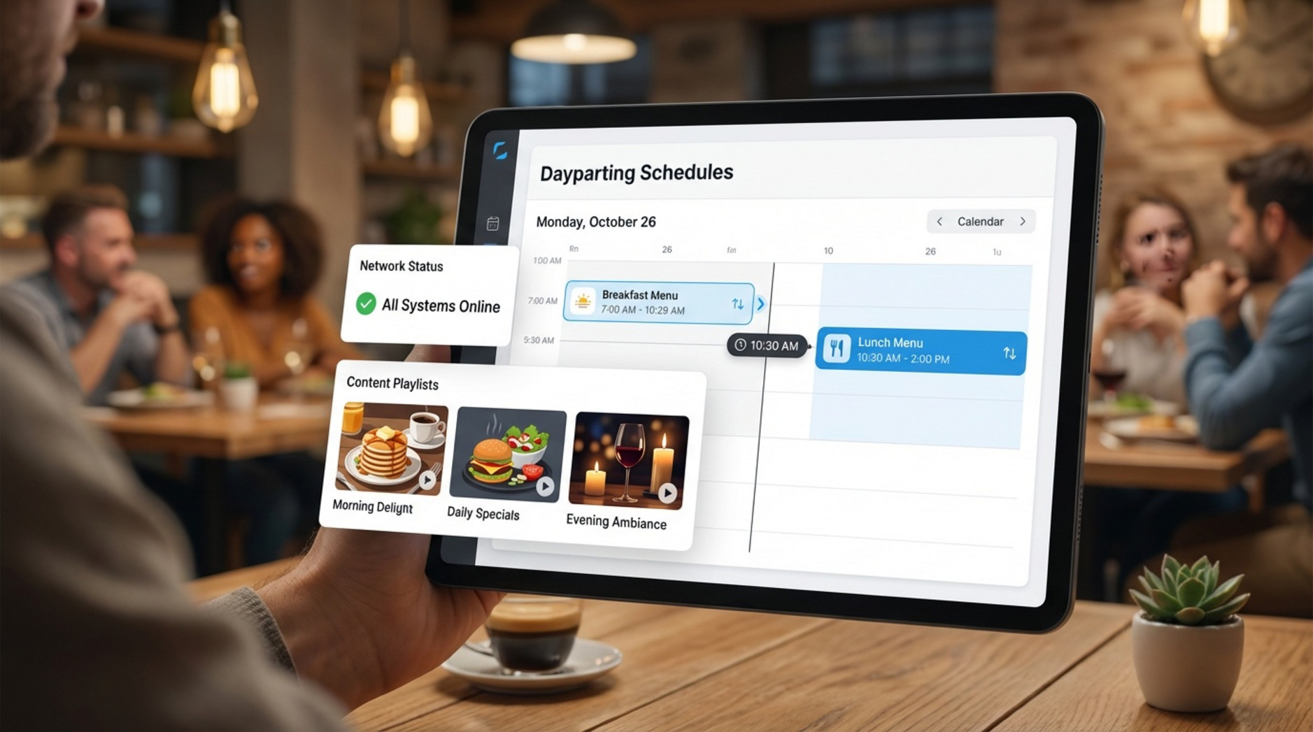 A digital signage software dashboard on a tablet showing schedules and system status in a restaurant setting.