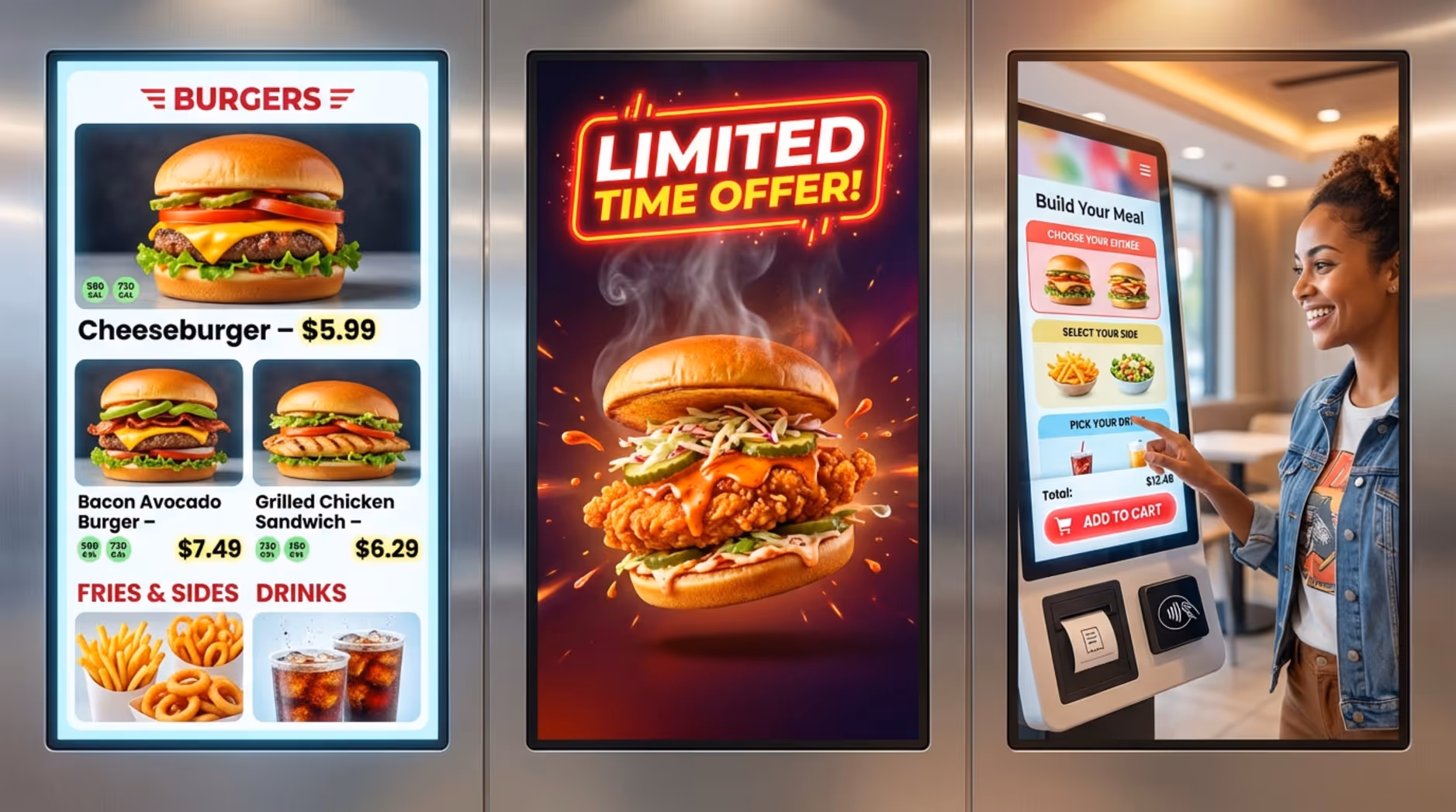 A triptych illustration displaying digital signage content for quick service restaurants including a menu board, promotional graphic, and customer interaction with a kiosk.