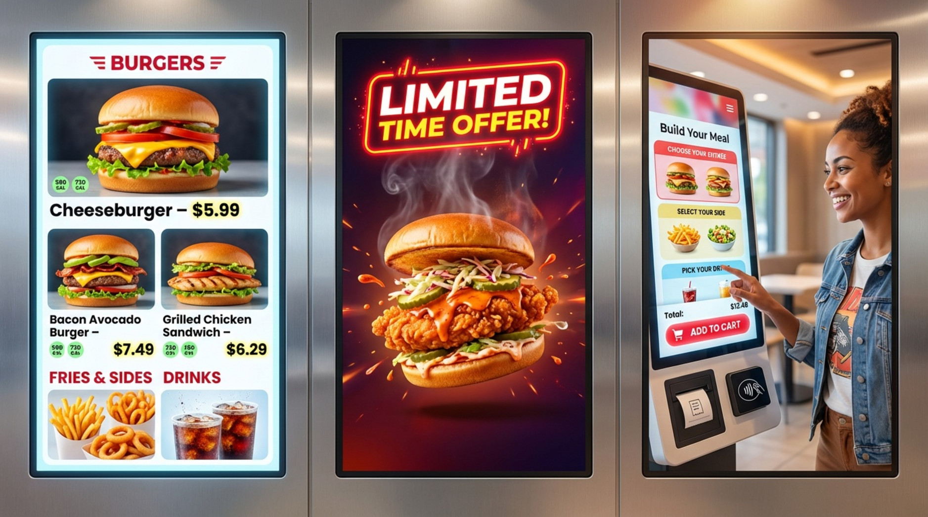 A triptych illustration displaying digital signage content for quick service restaurants including a menu board, promotional graphic, and customer interaction with a kiosk.
