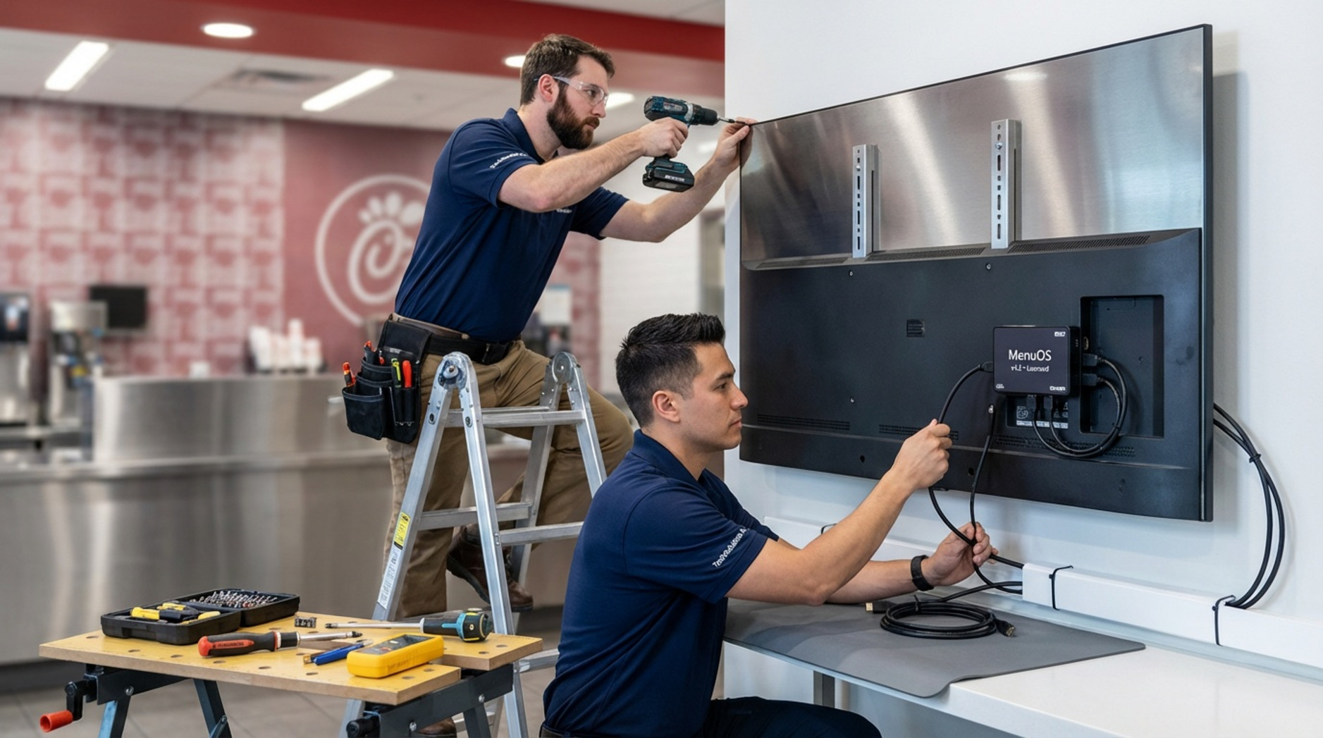 Technicians installing a digital menu board in a quick-service restaurant, demonstrating expertise and teamwork during the setup.