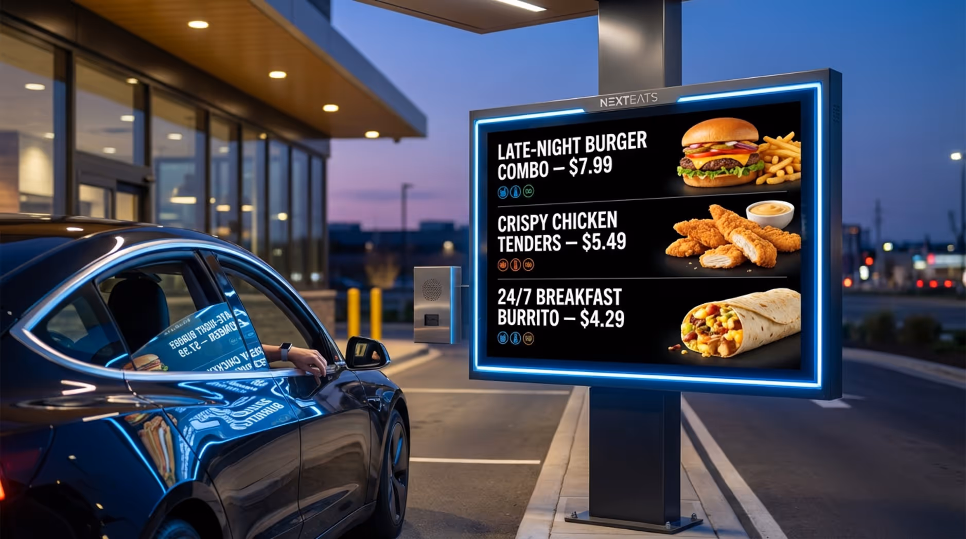 A car at a drive-thru lane during twilight with a bright digital menu board illuminating the vehicle in low light.