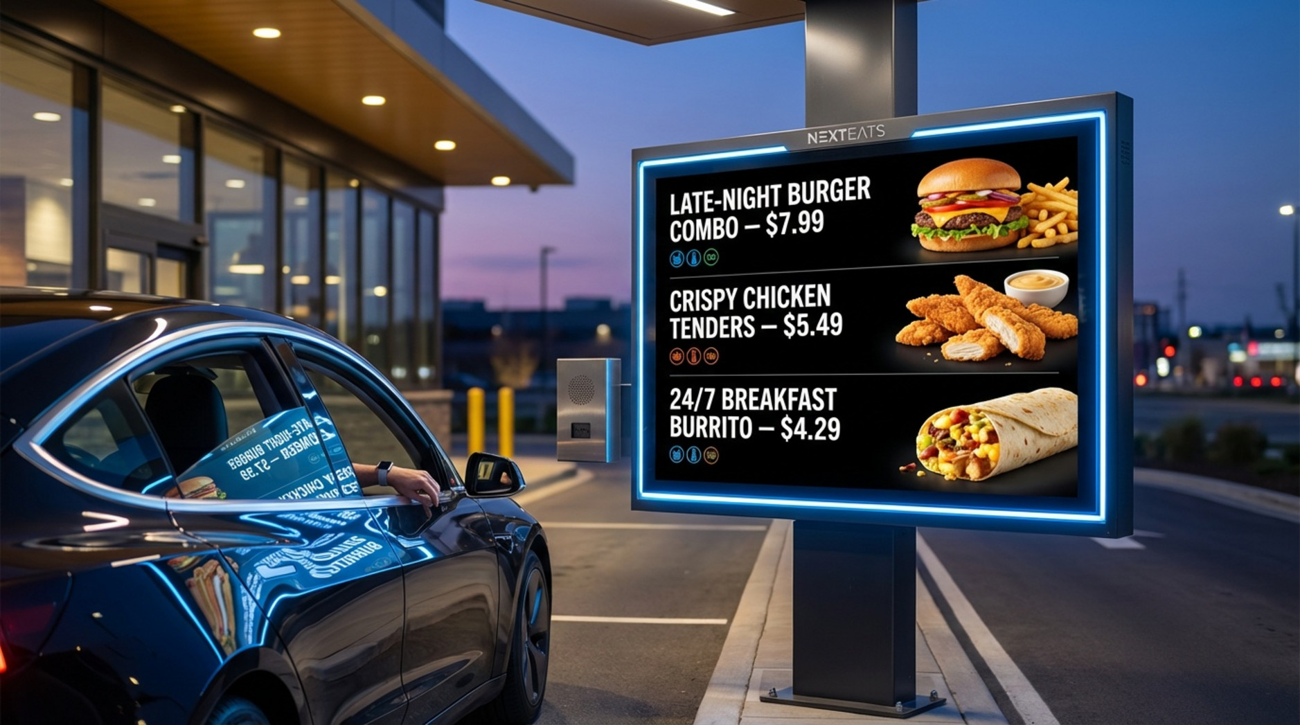 A car at a drive-thru lane during twilight with a bright digital menu board illuminating the vehicle in low light.