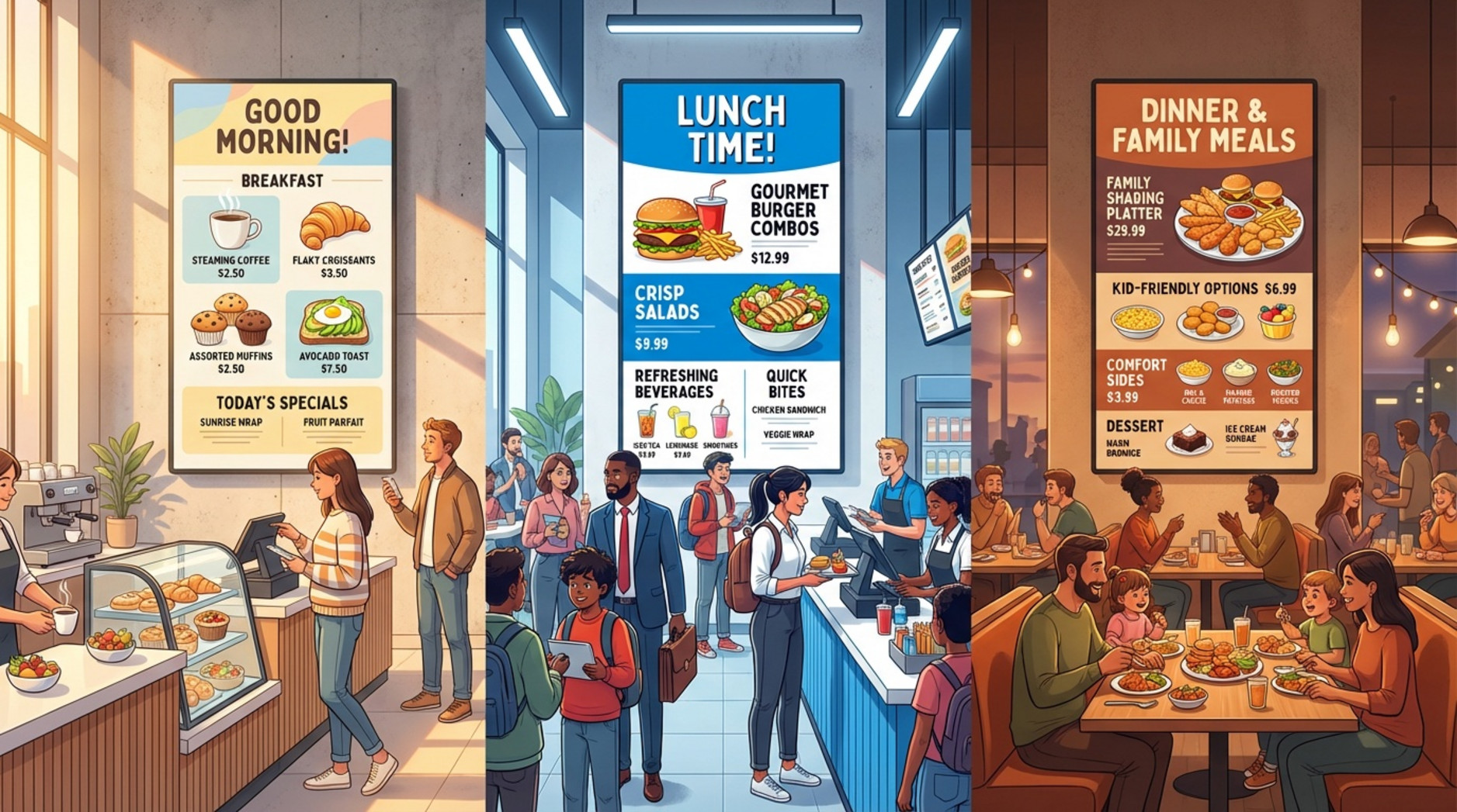 A triptych illustration of a digital menu board at different times of day showing breakfast, lunch, and dinner options in a quick-service restaurant.