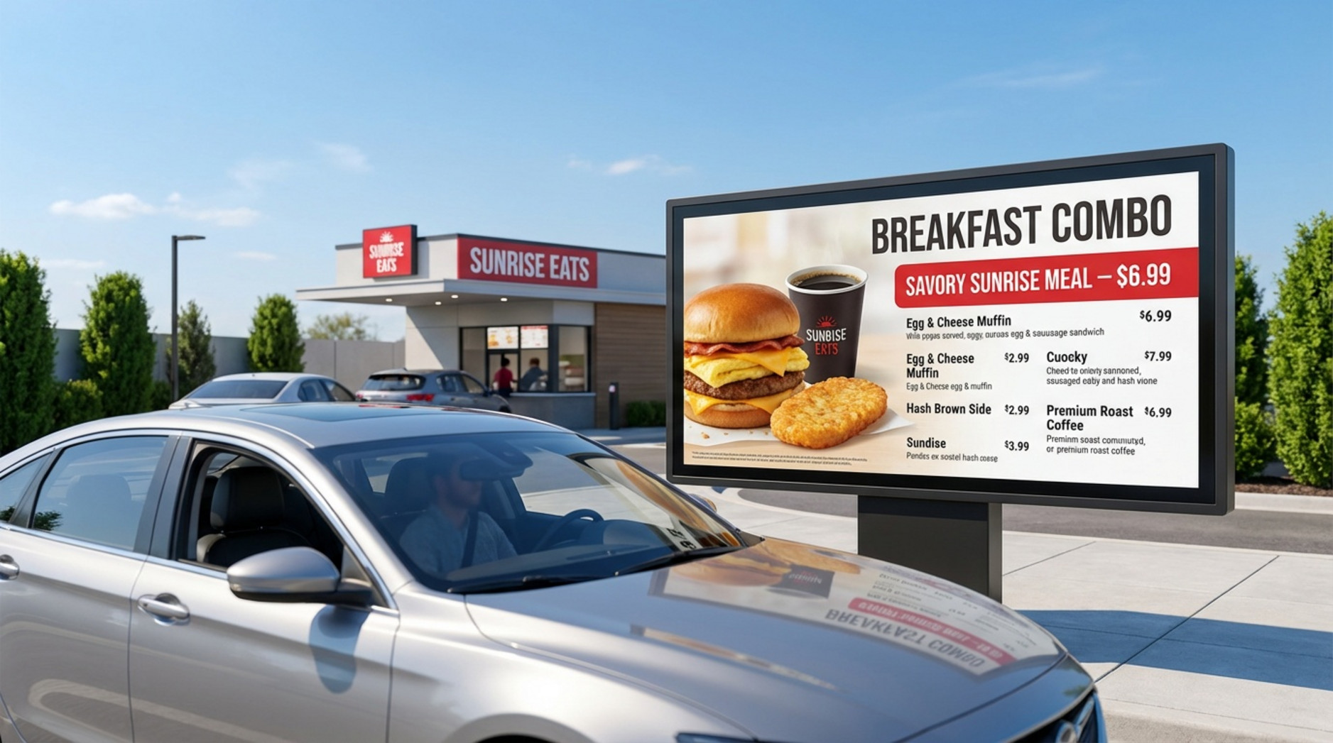 A car at a drive-thru lane with a bright digital menu board displaying a breakfast combo on a sunny day.