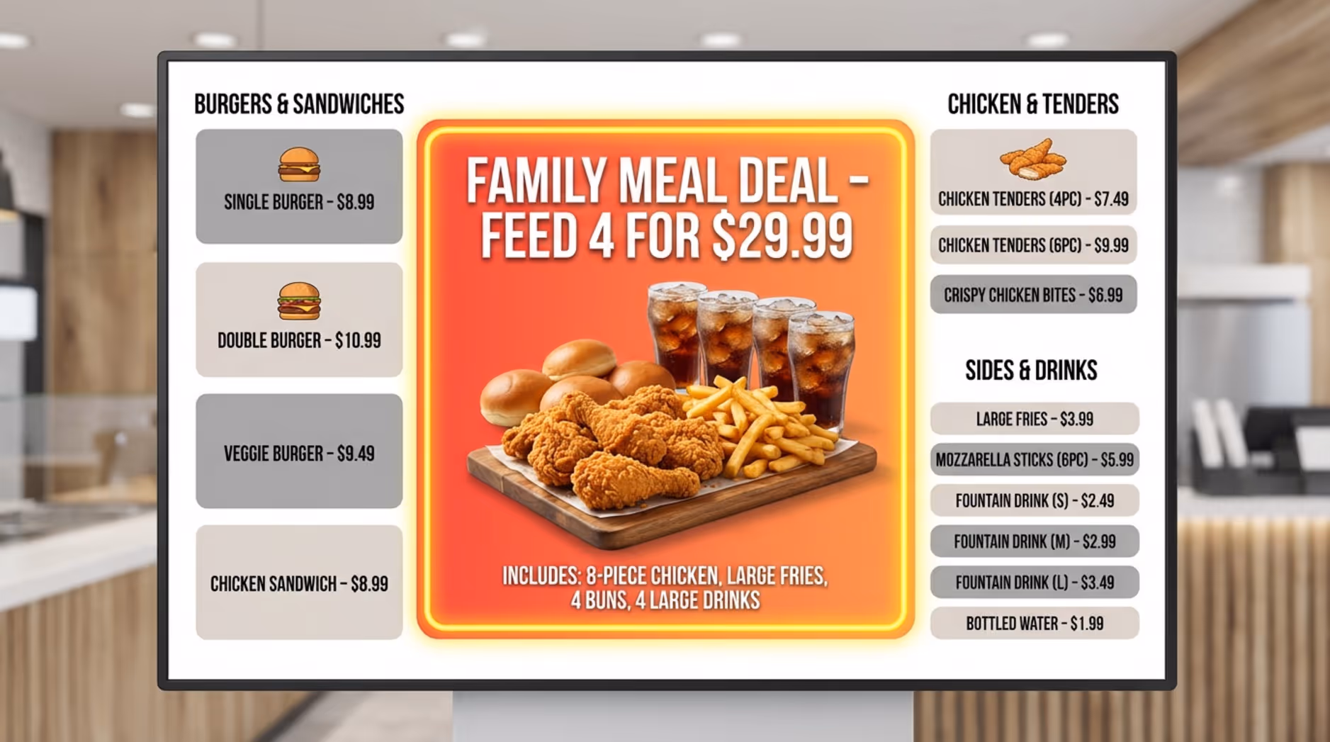An illustrative diagram demonstrating visual hierarchy on a menu board with a prominent family meal deal highlighted centrally.