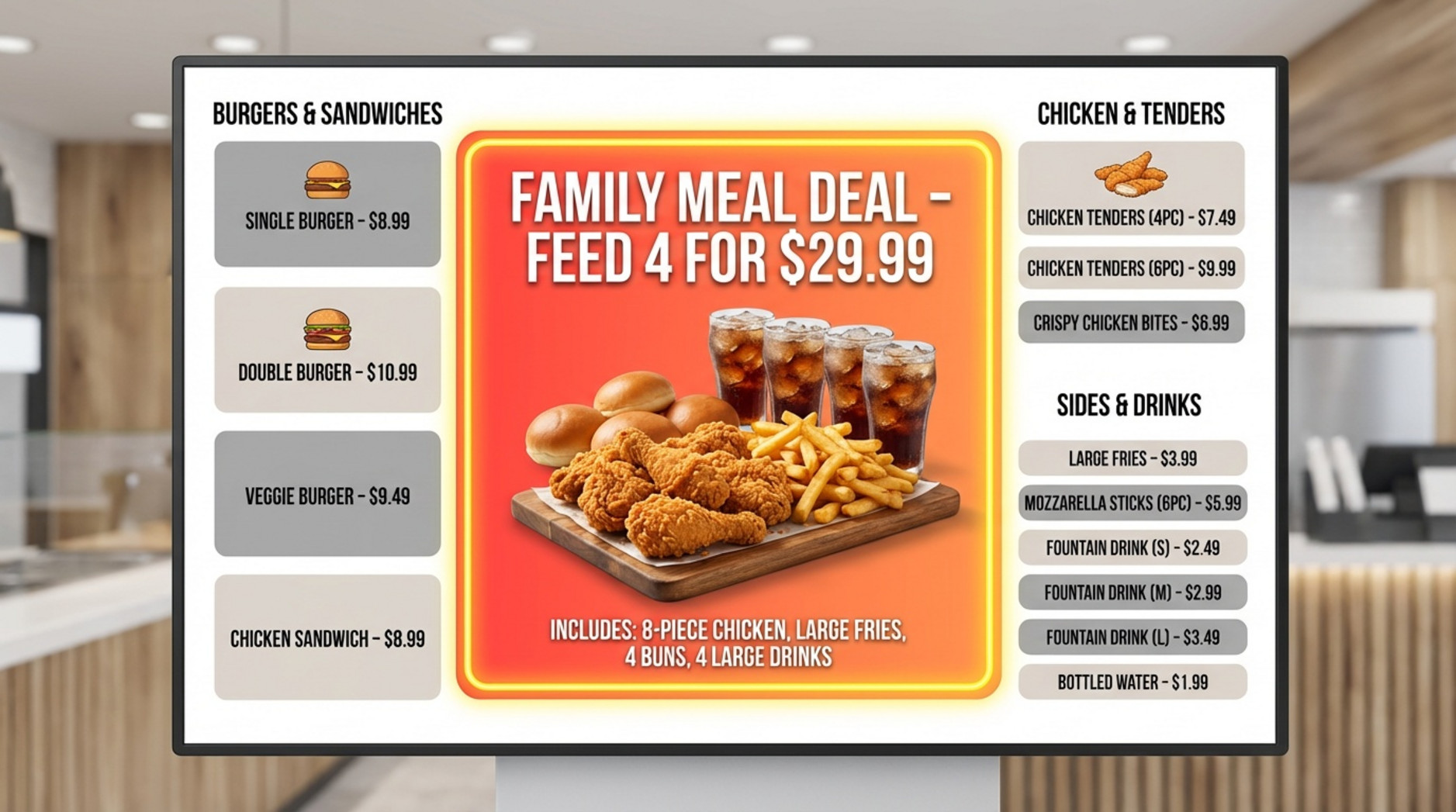 An illustrative diagram demonstrating visual hierarchy on a menu board with a prominent family meal deal highlighted centrally.