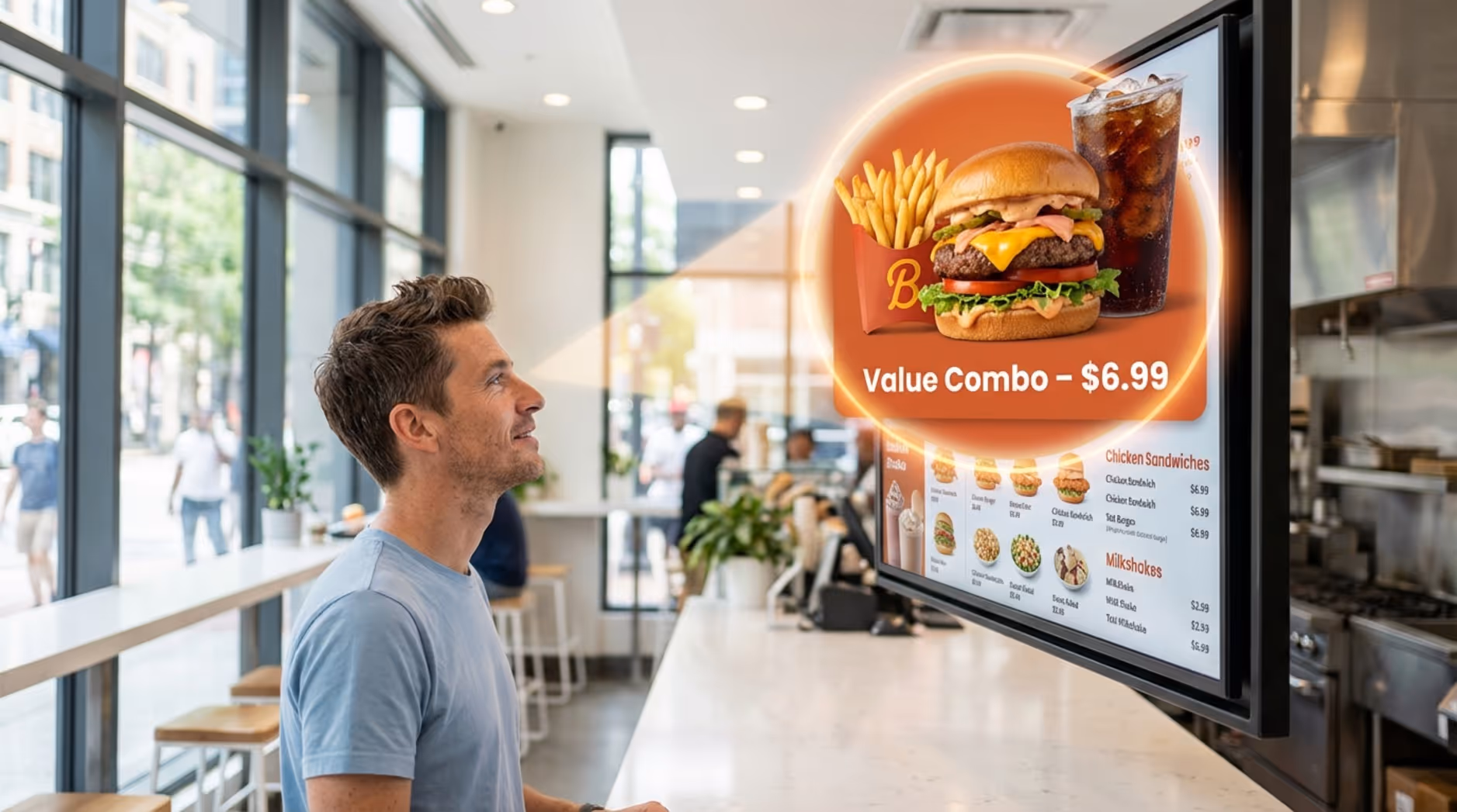 Customer looking at a digital menu board displaying a large appetizing value combo with burger fries and soda in a modern restaurant setting.