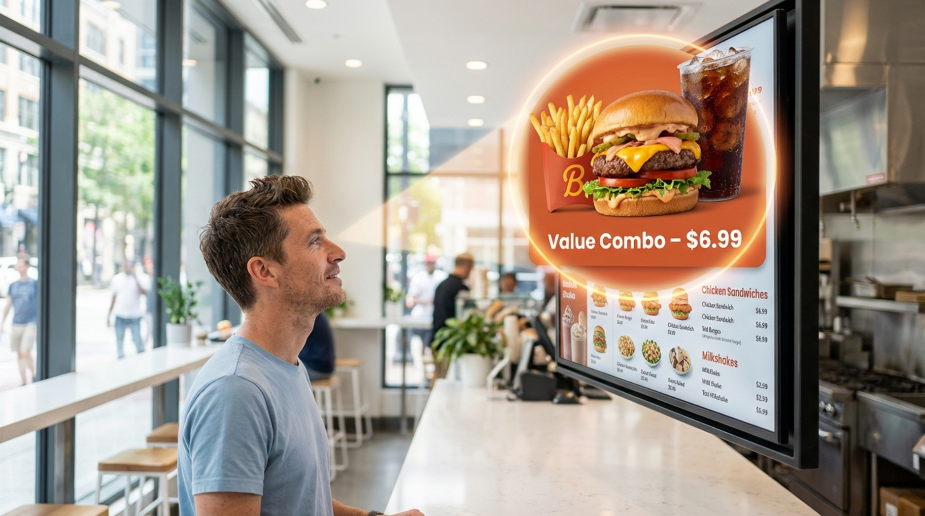 Customer looking at a digital menu board displaying a large appetizing value combo with burger fries and soda in a modern restaurant setting.