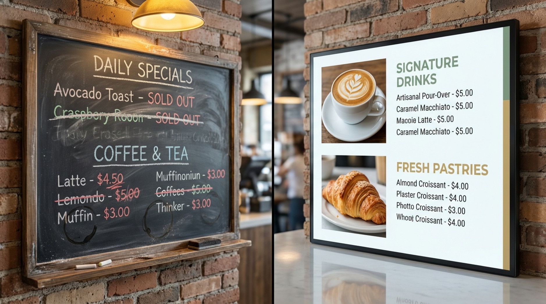 Split-screen comparison of a cluttered chalkboard menu and a modern digital menu displaying high-quality images and clean design.