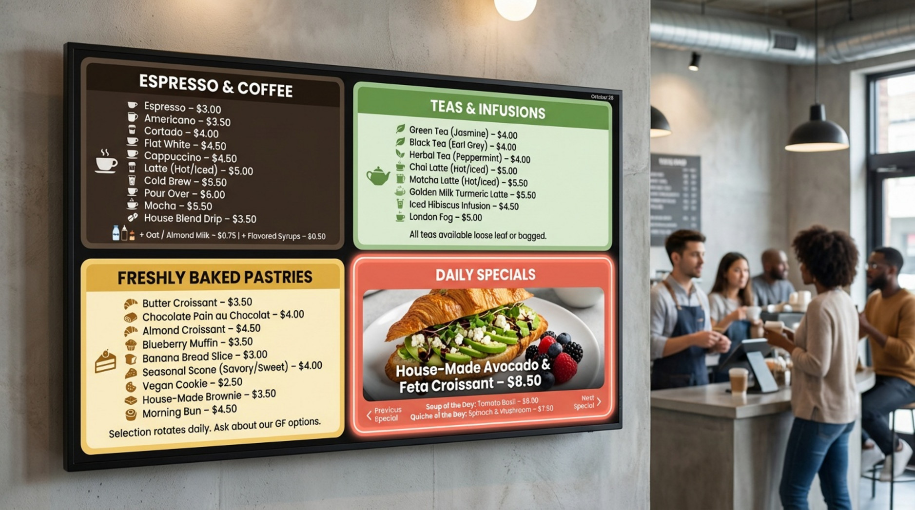 An infographic-style illustration of a well-organized digital cafe menu with clear sections and highlighted specials for easy navigation.