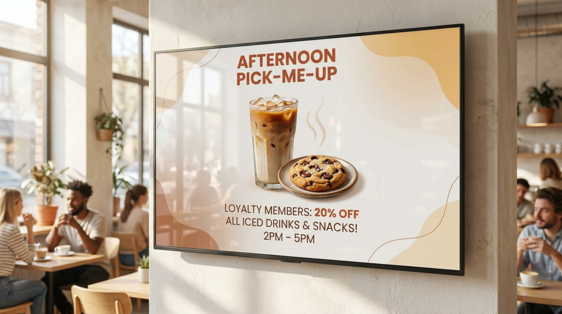 A digital menu board displaying a cafe promotion for loyalty members with iced coffee and a cookie image.