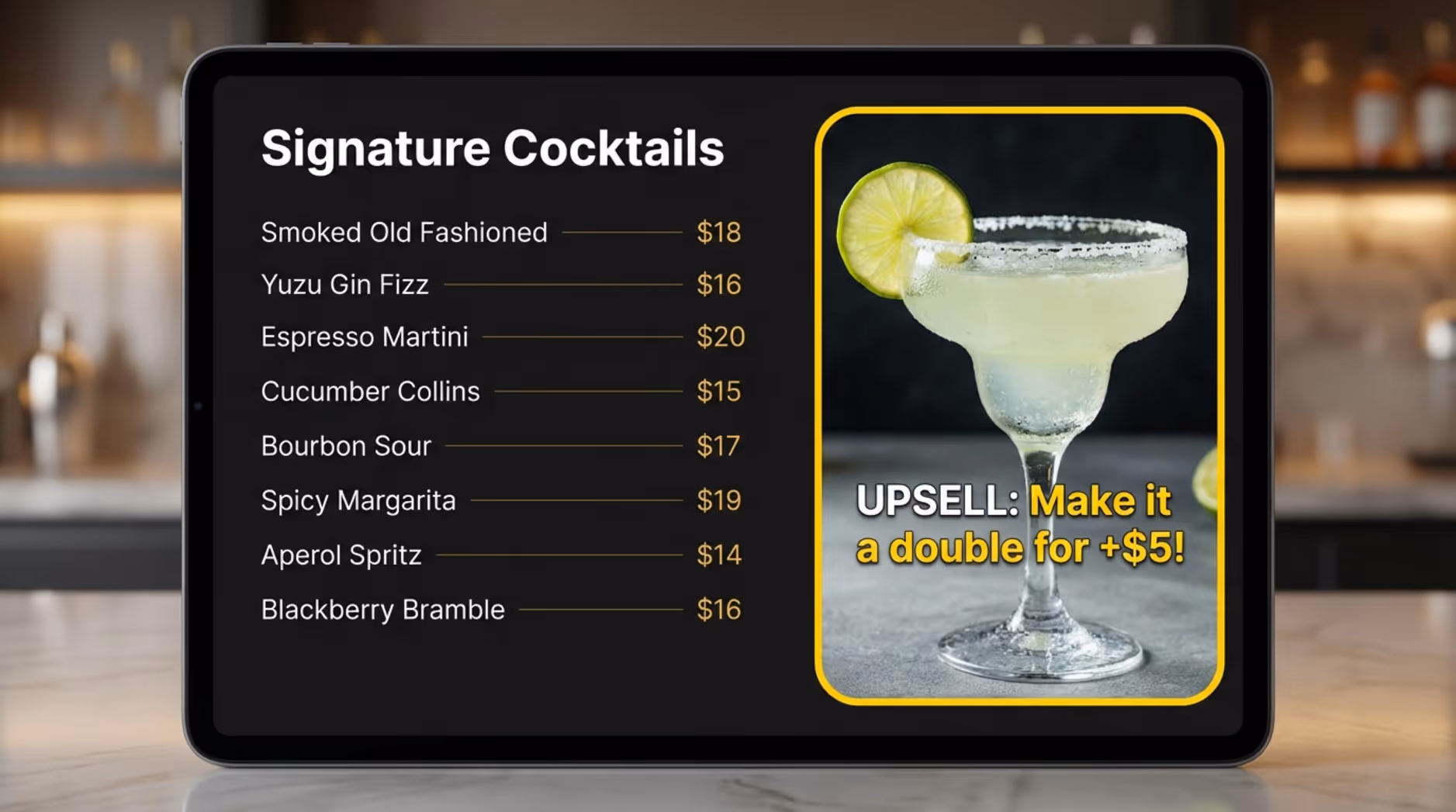 Close-up of a digital menu screen with a highlighted upsell for a double margarita.