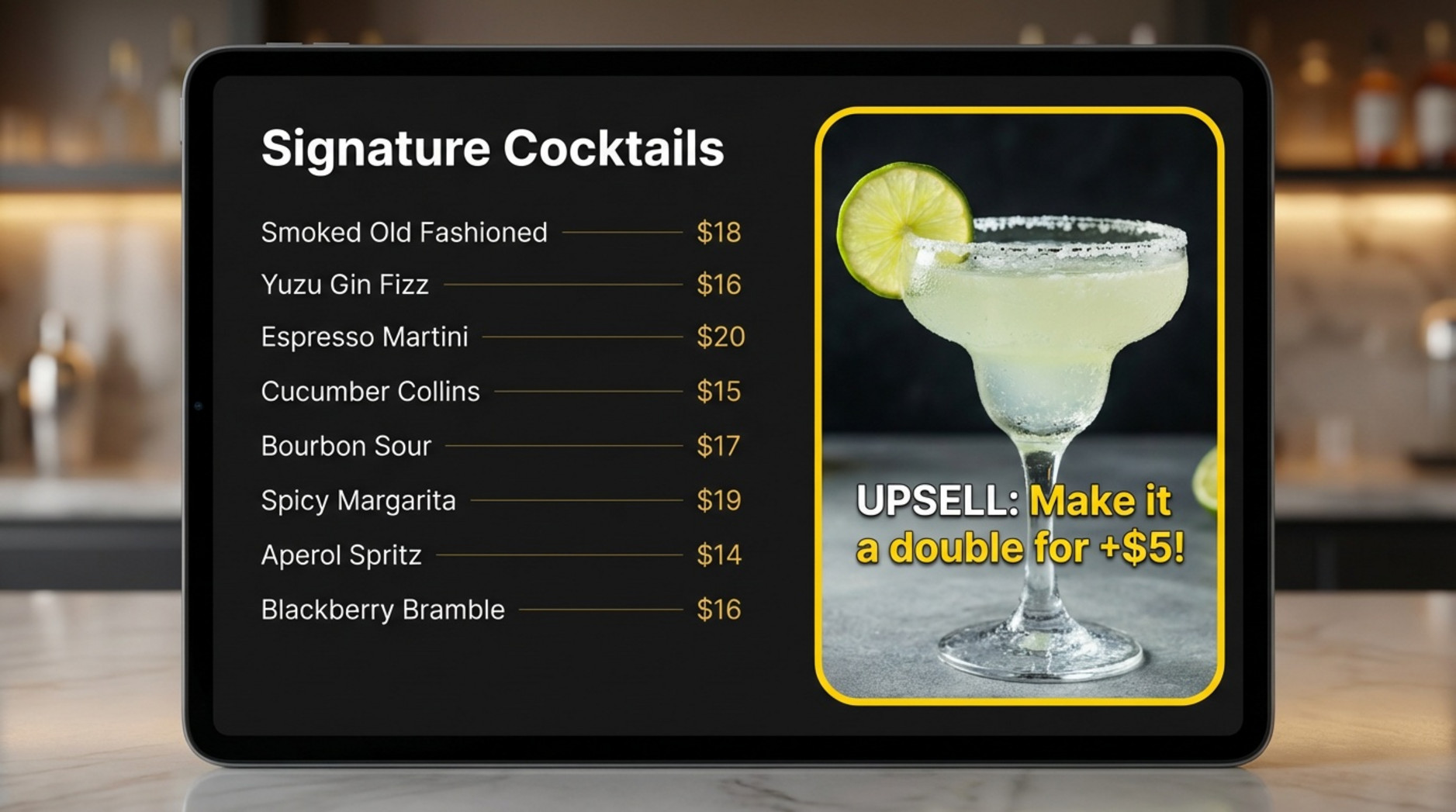 Close-up of a digital menu screen with a highlighted upsell for a double margarita.
