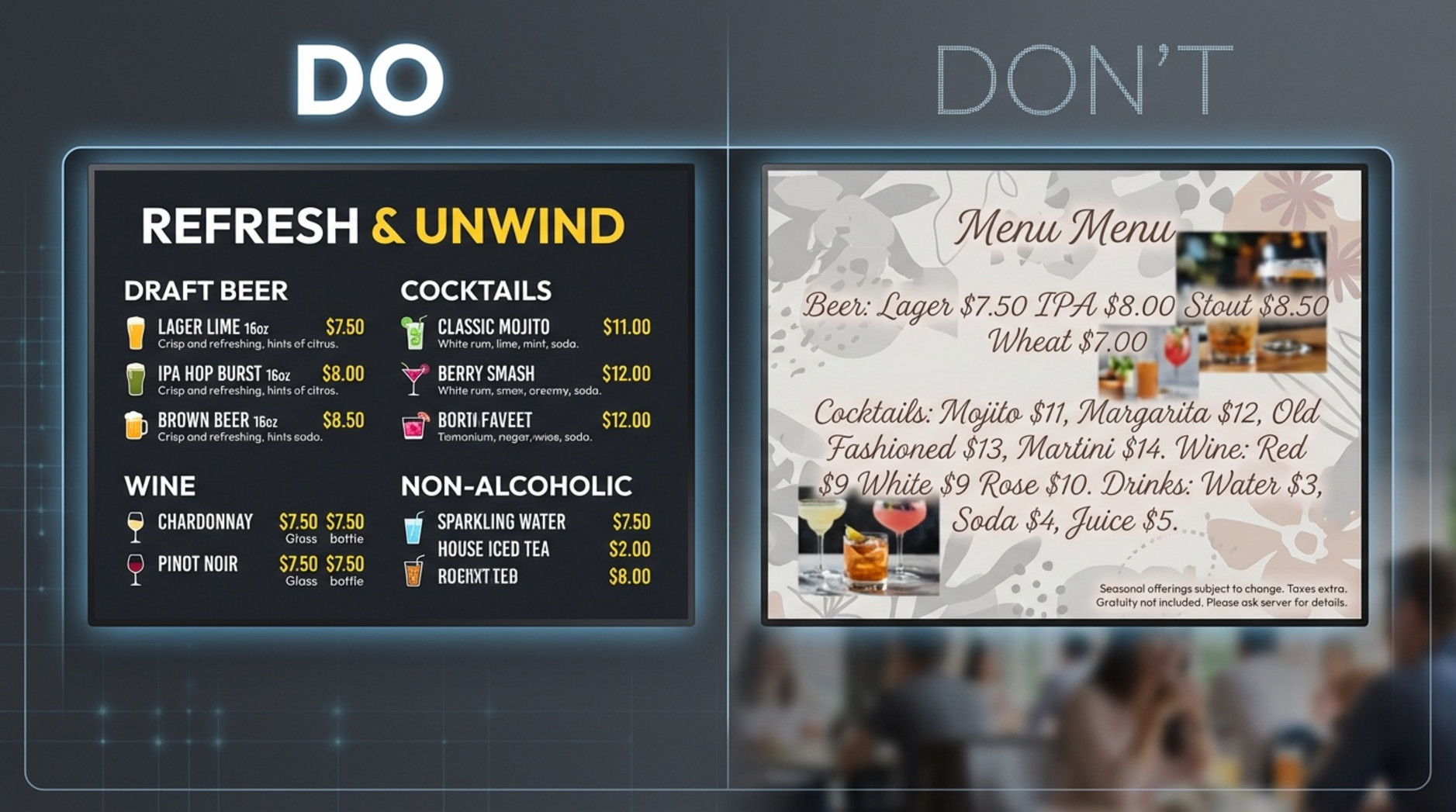 Comparison of effective and ineffective digital menu board designs highlighting best practices and common mistakes in layout and readability.