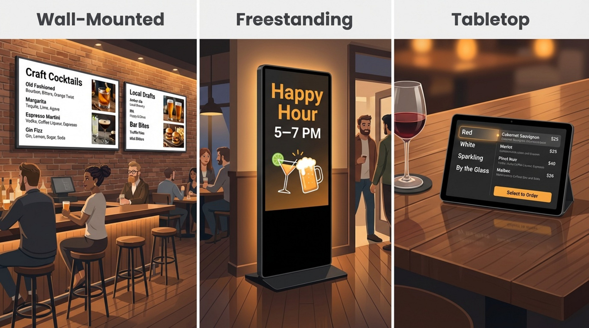 Infographic illustrating different digital signage types in a bar with wall-mounted, freestanding, and tabletop displays.