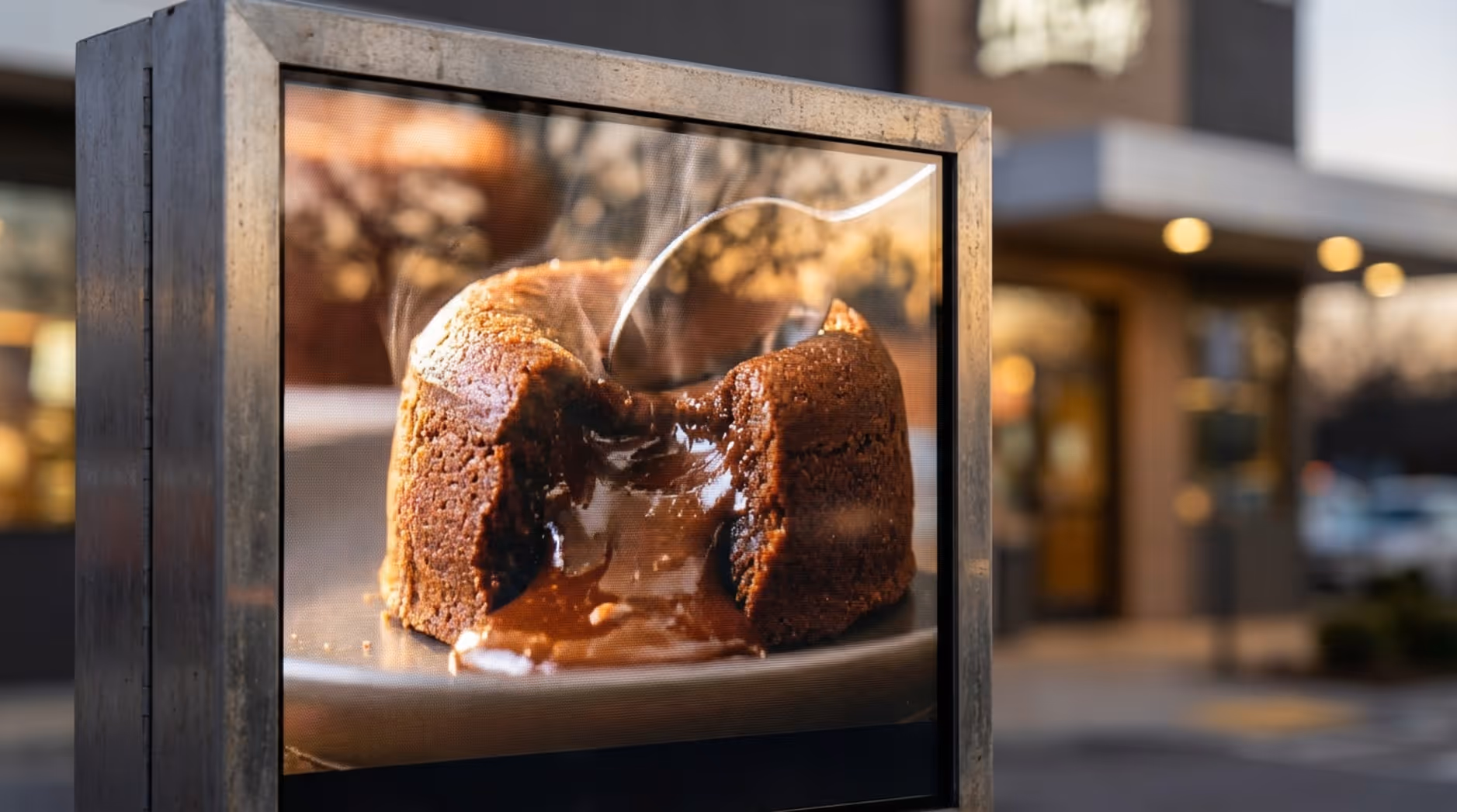 Close-up of a digital menu screen showing a detailed image of a molten chocolate lava cake with steam rising, enticing customers with its rich appearance.