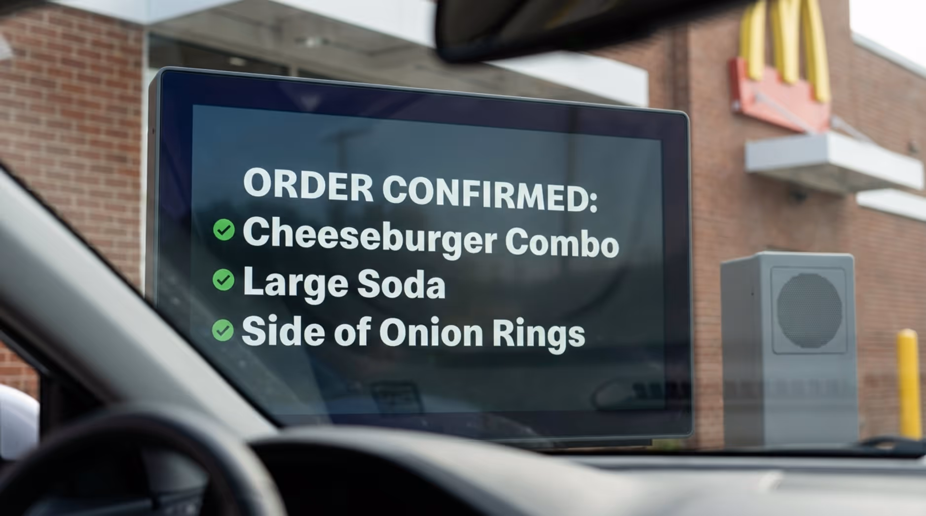 Close-up of a digital order confirmation screen at a drive-thru showing a cheeseburger combo, large soda, and onion rings to demonstrate order accuracy.