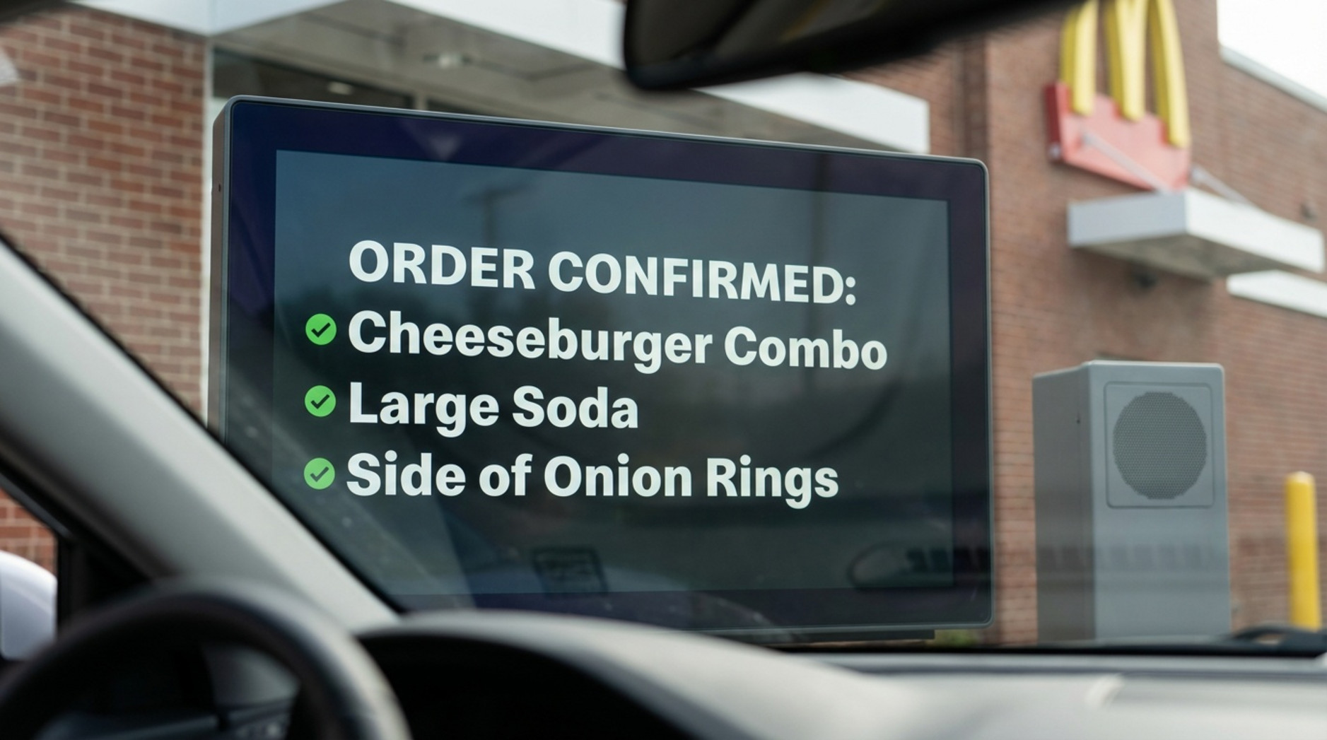 Close-up of a digital order confirmation screen at a drive-thru showing a cheeseburger combo, large soda, and onion rings to demonstrate order accuracy.