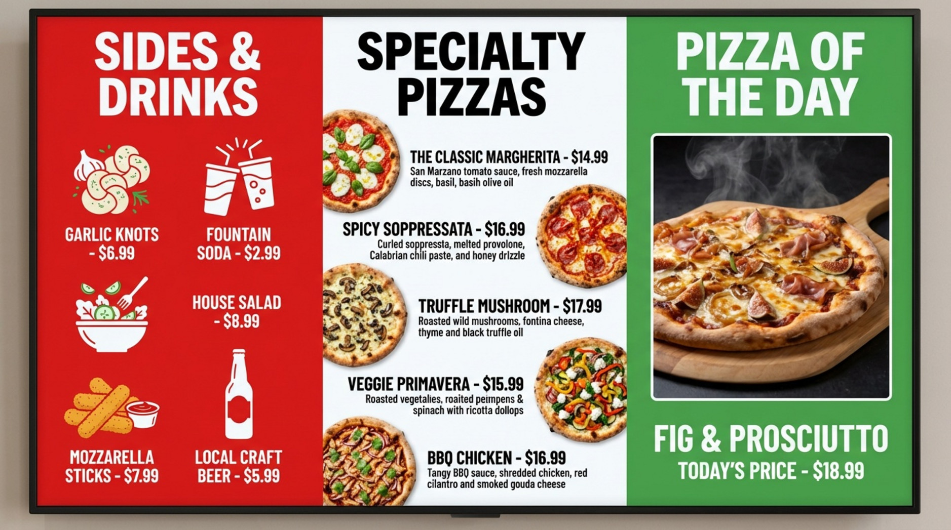 A modern infographic of a digital pizzeria menu board showing distinct sections for specialties sides and drinks and pizza of the day with steaming pizza video.