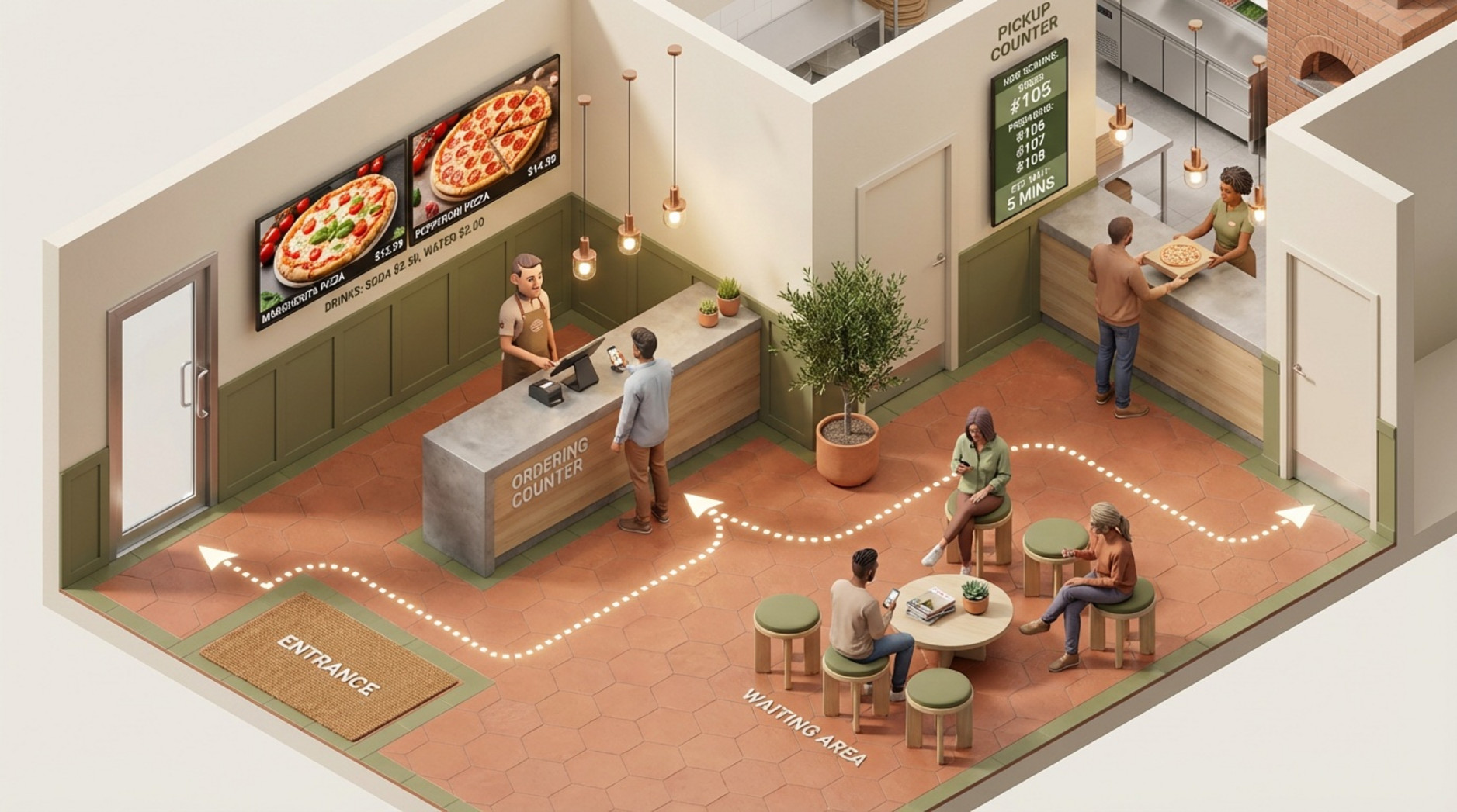 A 3D architectural floor plan of a pizzeria layout showing customer flow with labeled areas and digital signage for efficient service.