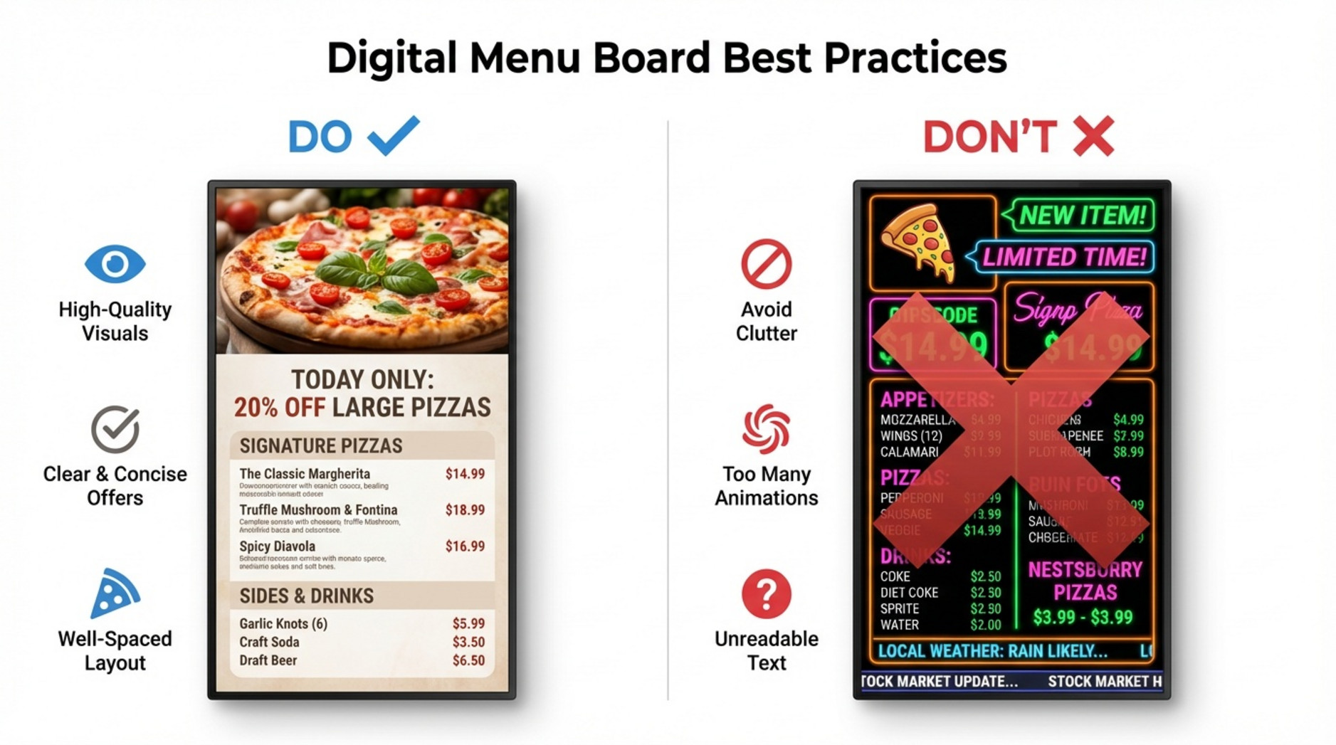 An infographic comparing effective and ineffective digital menu boards, highlighting clean design versus cluttered layouts with animations and confusing visuals.