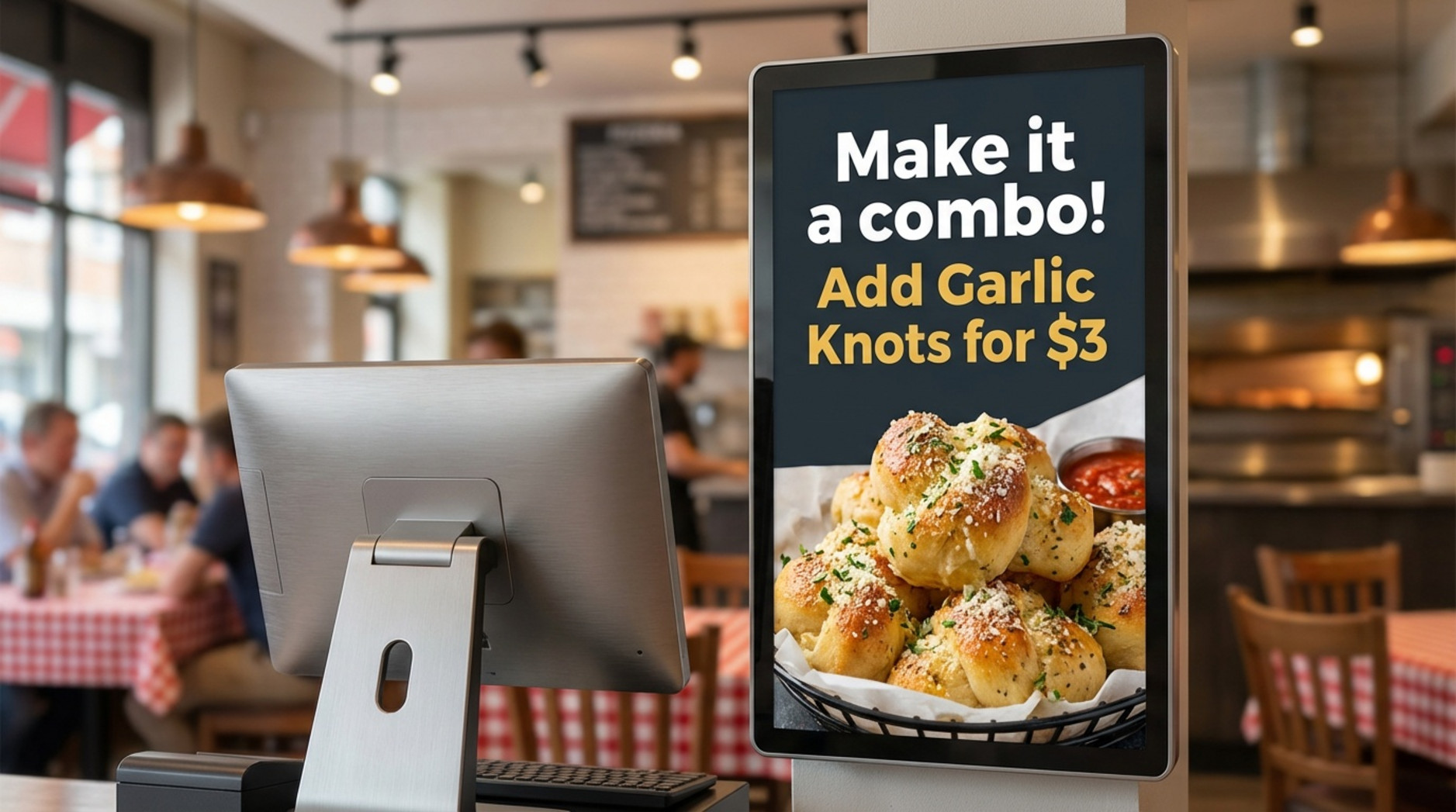 Close-up of a digital screen next to a pizzeria's cash register displaying a garlic knots upsell promotion with a photo of crispy garlic knots.
