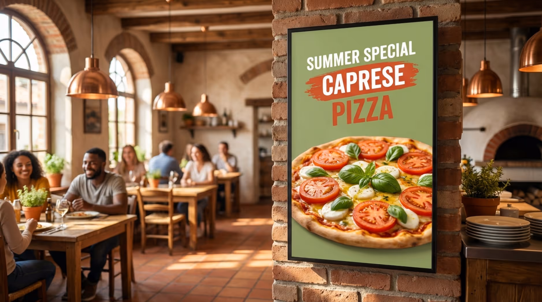 A digital menu board in a pizzeria displaying a summer special pizza with fresh ingredients and a sunny background.