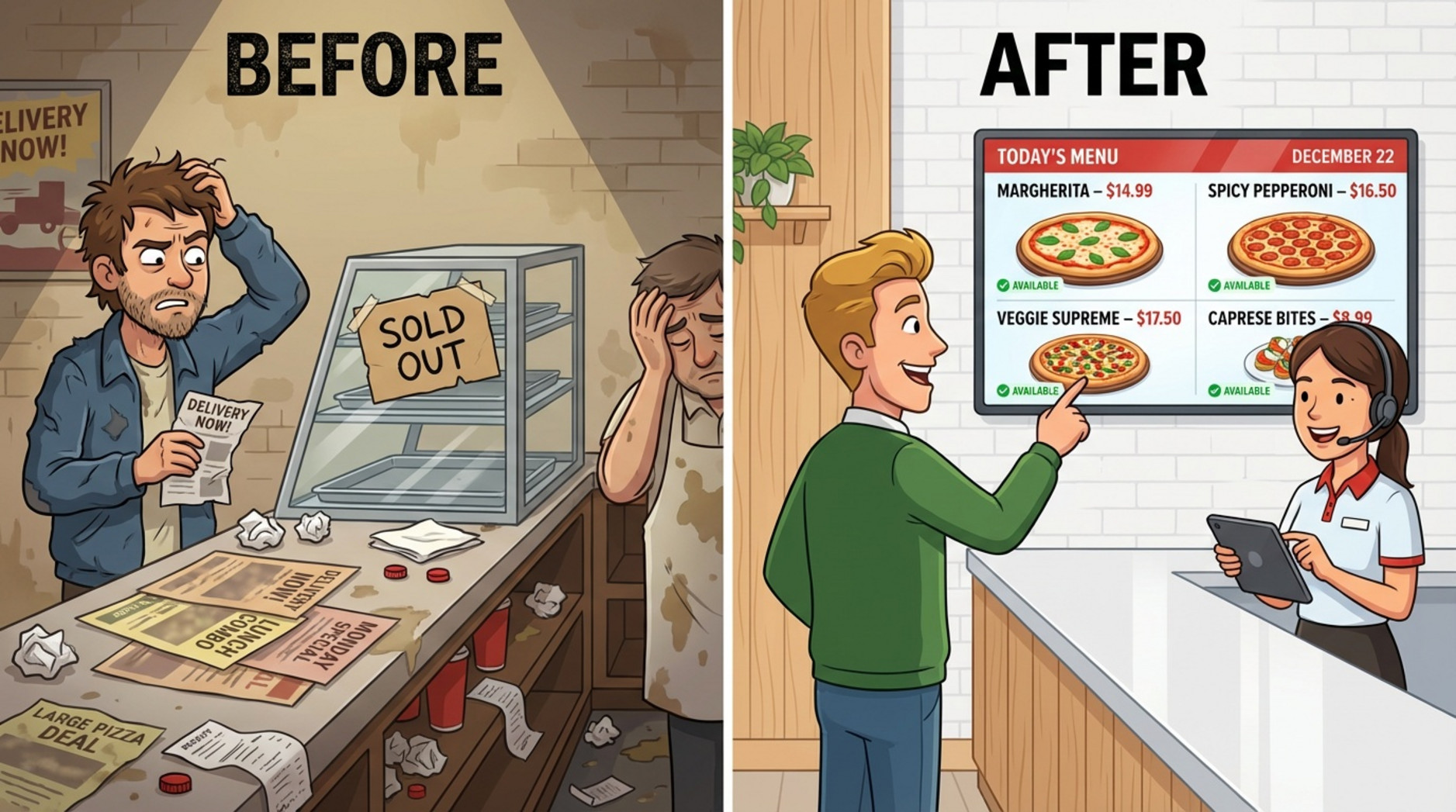 Split-screen illustration showing a cluttered pizzeria counter before and a clean, digital menu after, highlighting business improvement.
