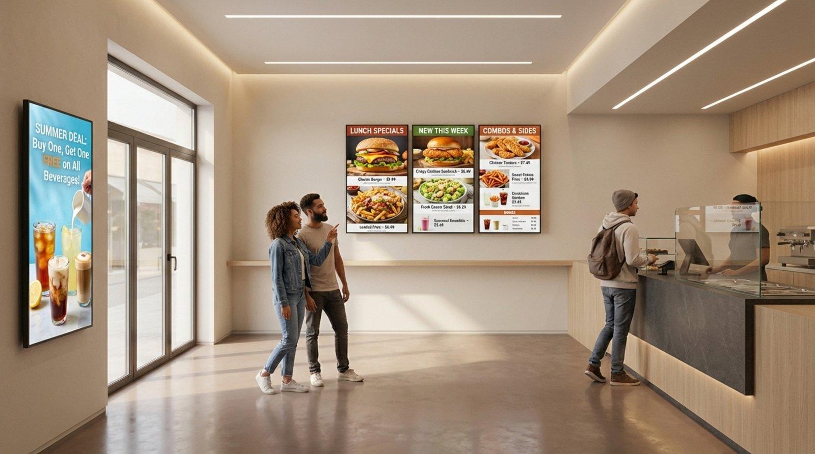 A clean modern quick service restaurant interior with digital menu boards and promotional screen showing food options and special offers.