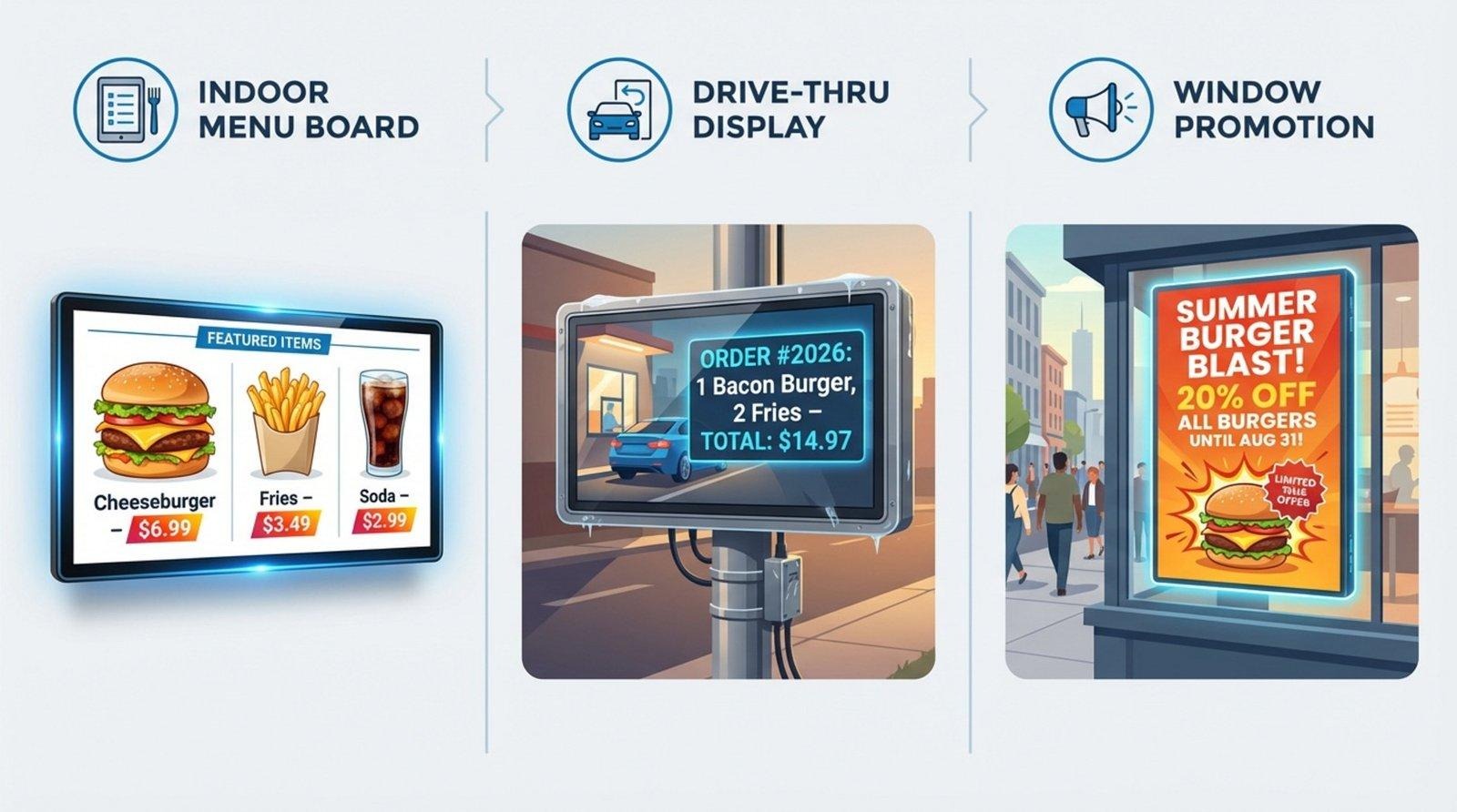 An infographic illustrating three main types of digital signage in a quick-service restaurant, including a menu board, outdoor drive-thru screen, and promotional display inside the restaurant.