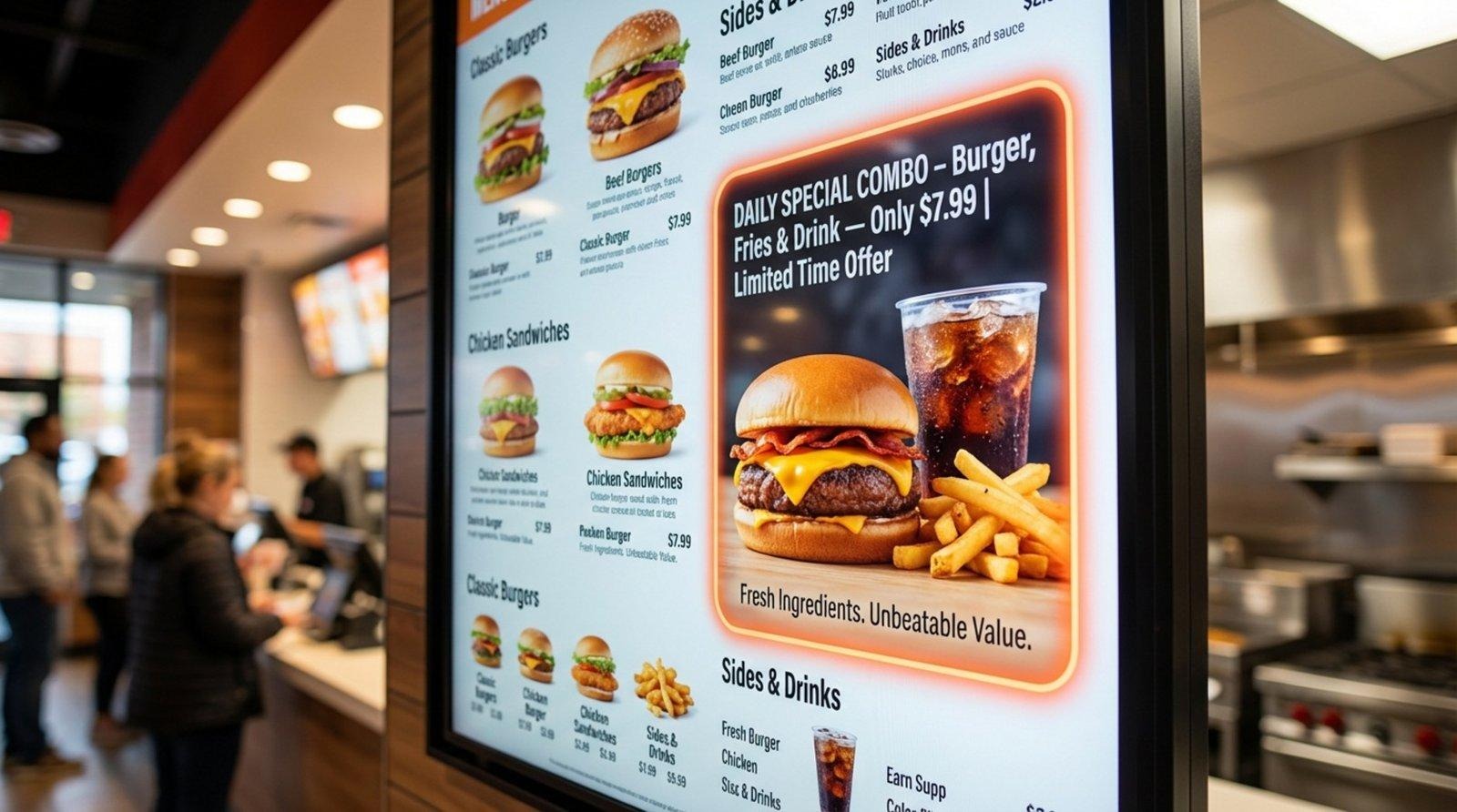Close-up of a digital menu board highlighting a daily special combo featuring a burger fries and a cold drink to attract customers.