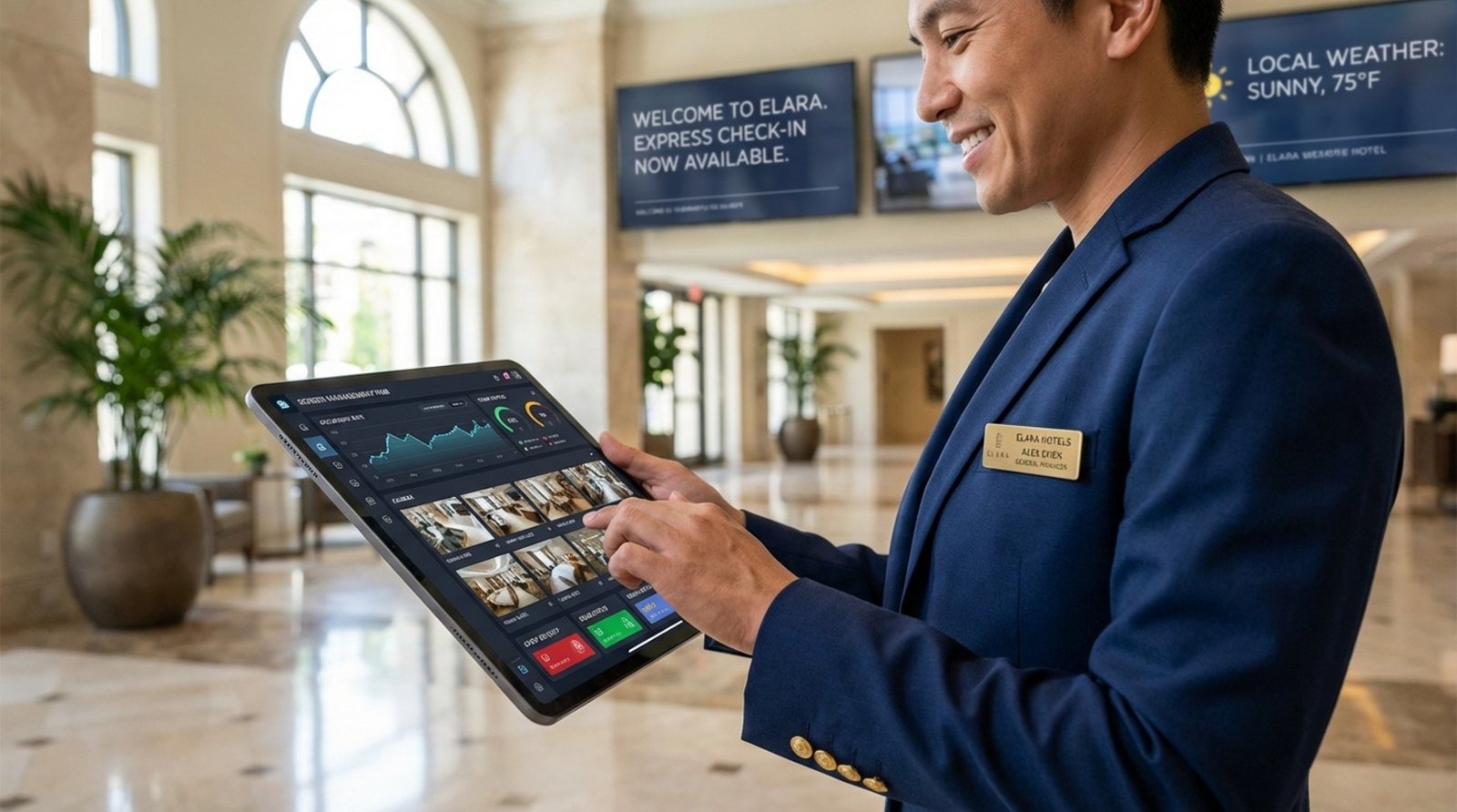 A hotel manager uses a tablet to oversee operations, highlighting remote management and efficiency in the hotel lobby.