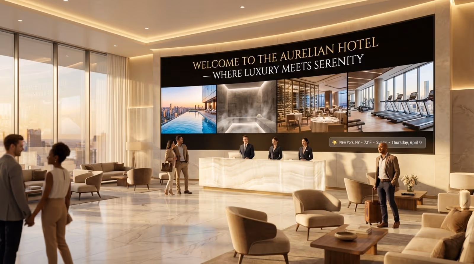 A modern luxurious hotel lobby with a digital video wall displaying a welcome message and hotel amenities.