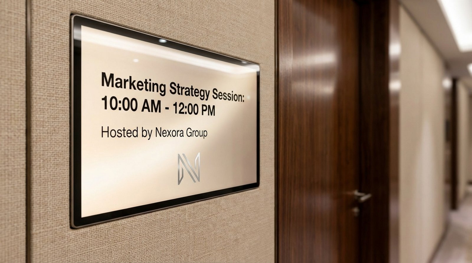 A close-up of a digital display showing a marketing strategy session schedule next to a wooden conference room door.