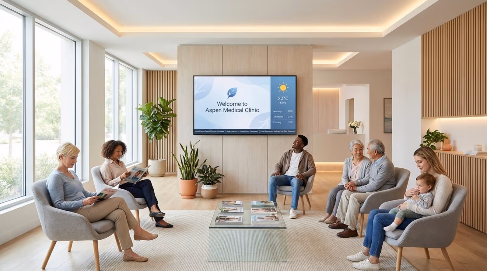 A modern medical clinic waiting room featuring a digital signage screen displaying a welcome message, weather, and news headlines with relaxed patients seated.