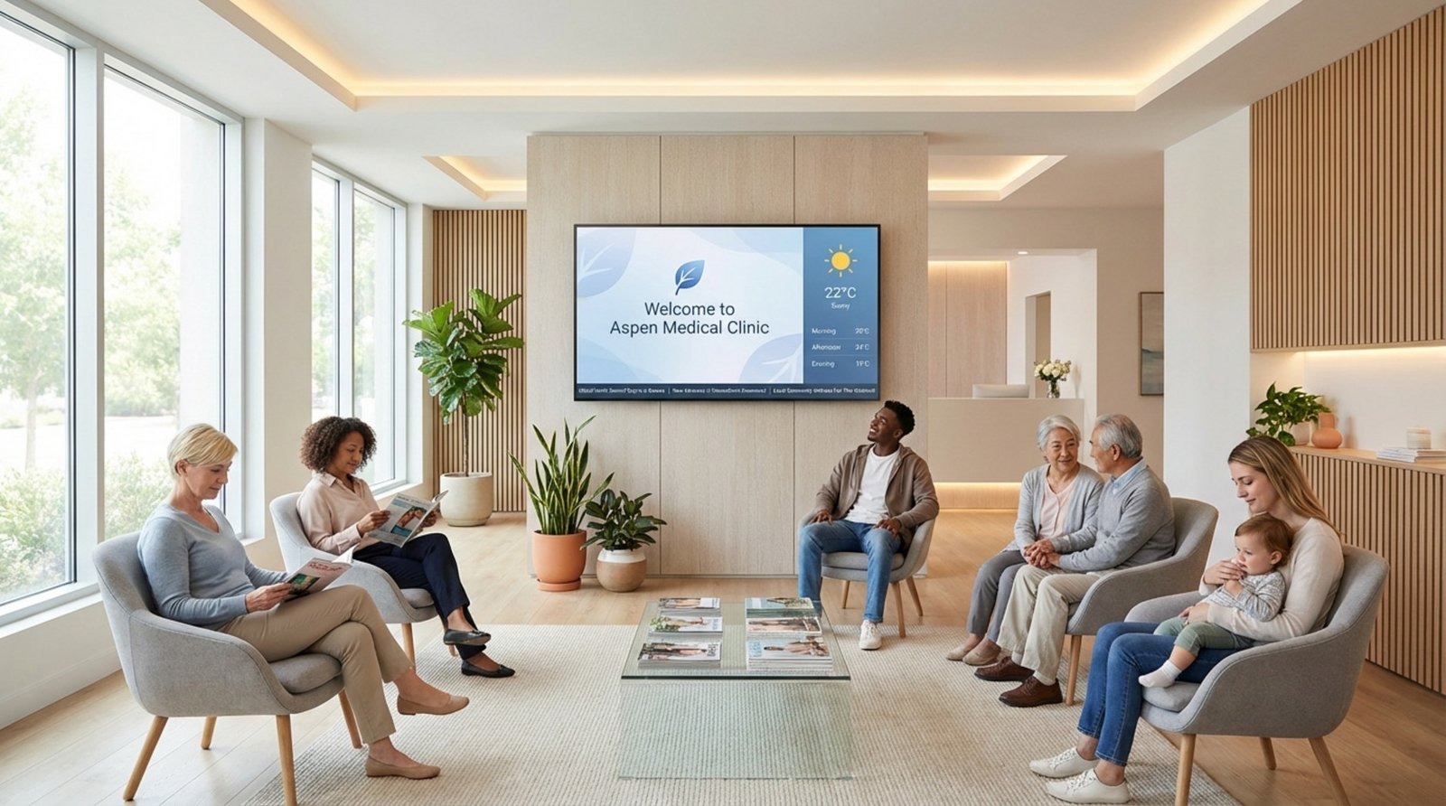 A modern medical clinic waiting room featuring a digital signage screen displaying a welcome message, weather, and news headlines with relaxed patients seated.