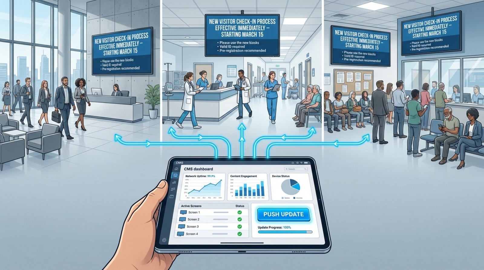 A modern infographic showing remote management of digital signage with a tablet controlling screens in various locations updating with an alert