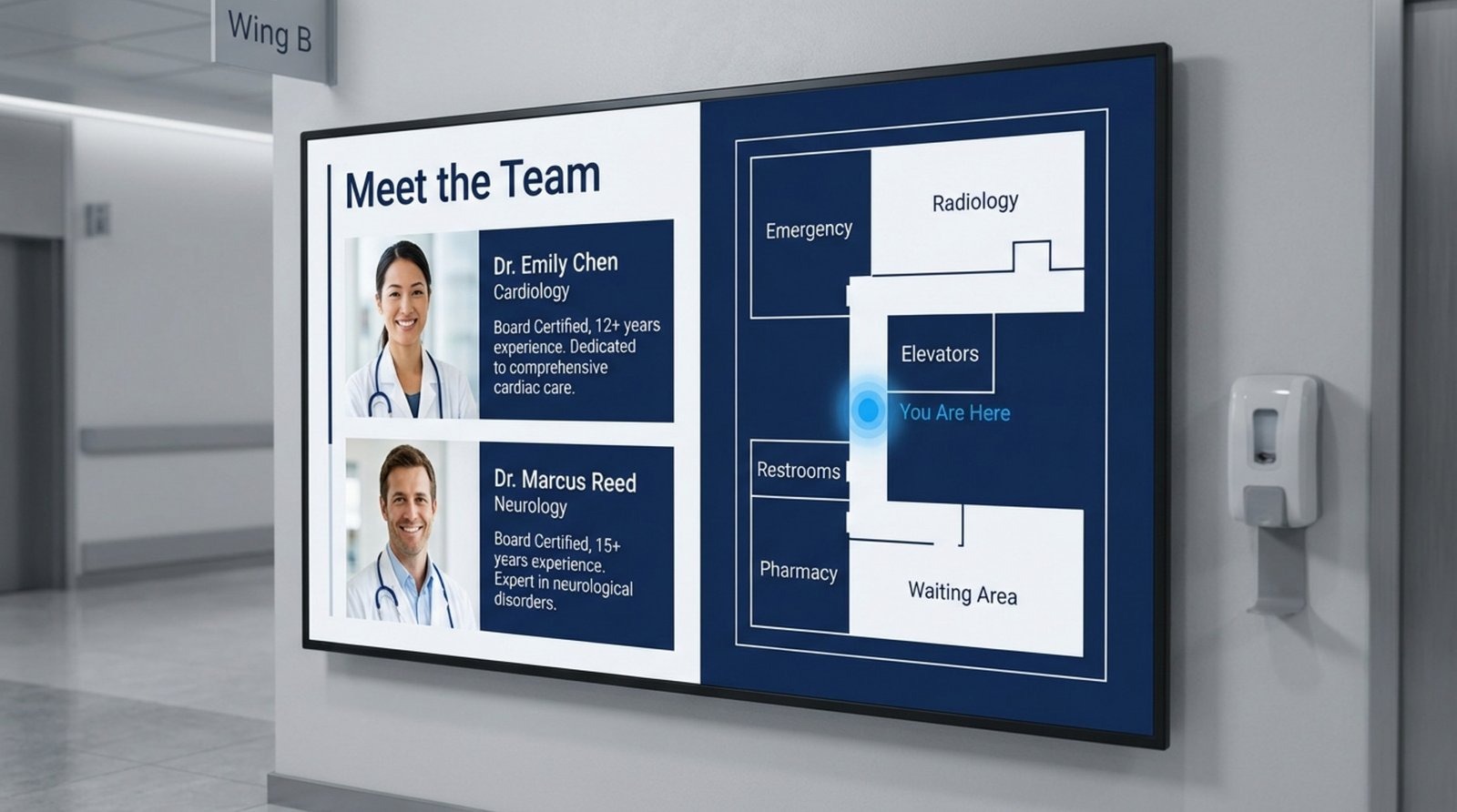 A digital hospital screen displaying team portraits and a floor map with a 'You Are Here' indicator for patient navigation.