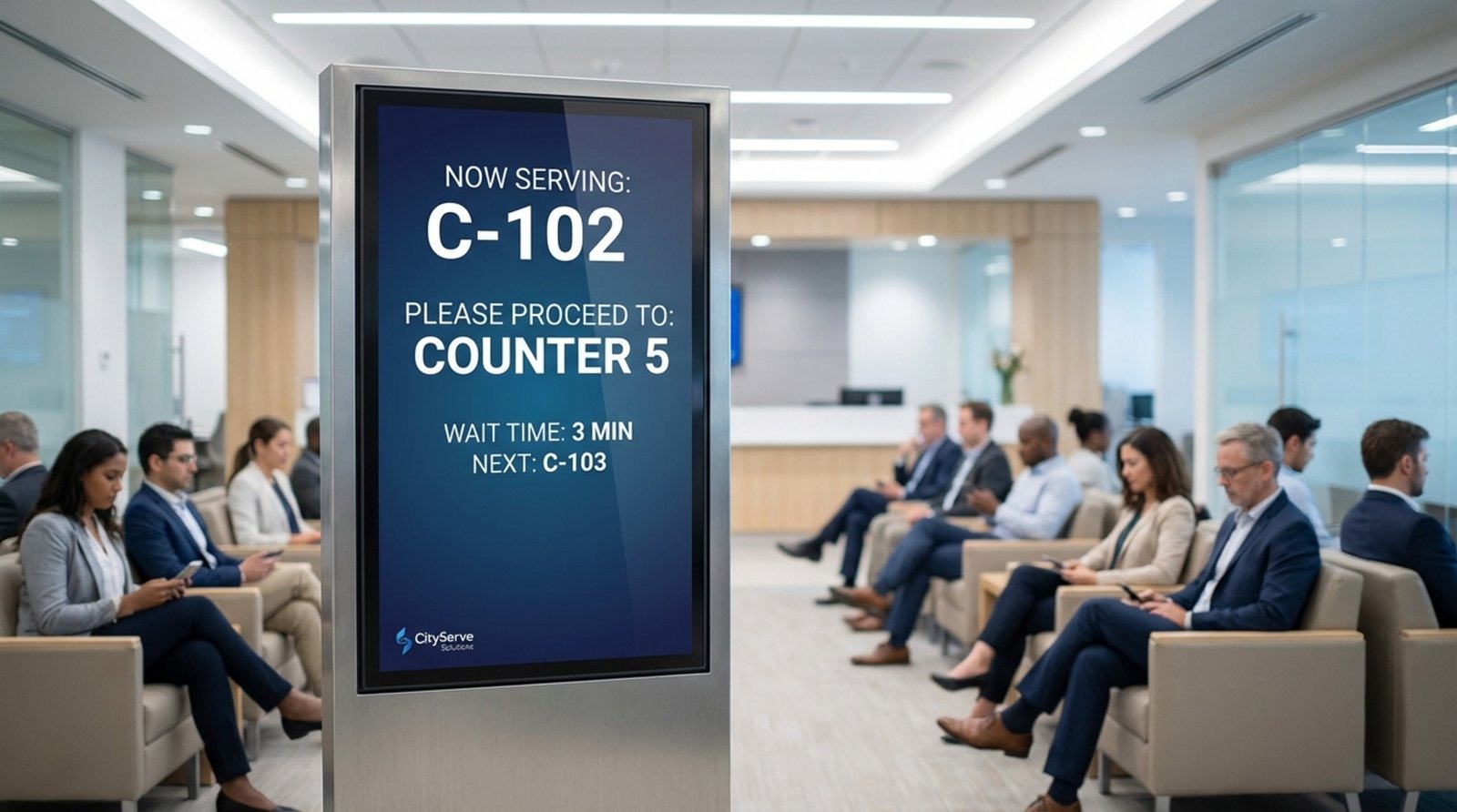 A digital signage screen displaying the current ticket number in a busy waiting area, indicating an organized and efficient service process.