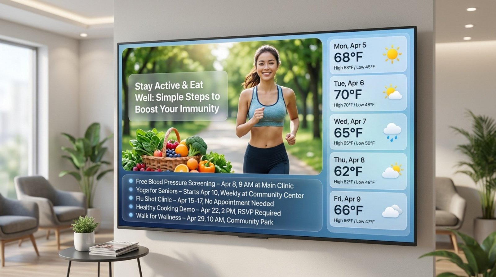 A digital illustration of a professional content display on a waiting room screen showing a health tip image, weather forecast sidebar, and community event ticker.