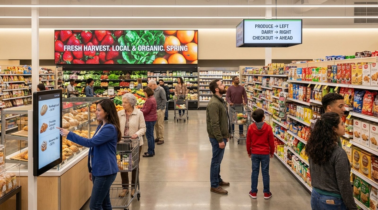 A modern supermarket with digital screens displaying ads and specials among diverse shoppers shopping and viewing displays.
