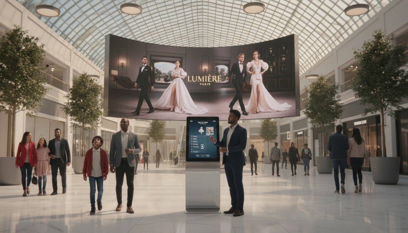 A bustling shopping mall atrium featuring a large video wall displaying a luxury brand advertisement and shoppers engaging with the digital kiosk.