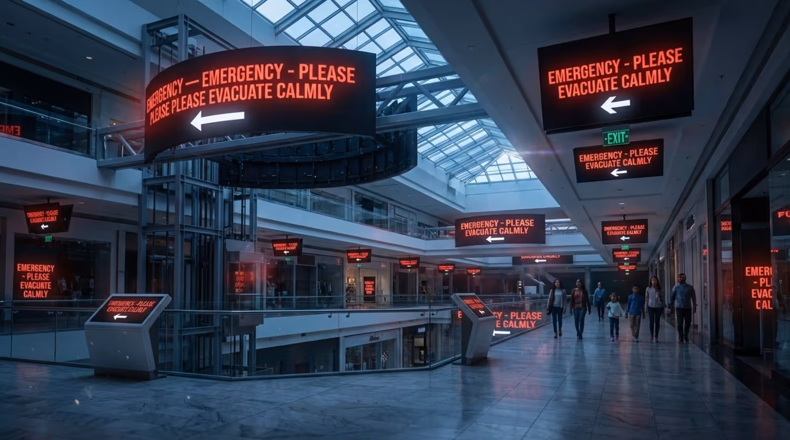 A shopping mall with digital displays showing a clear emergency evacuation alert in bright red and white text.