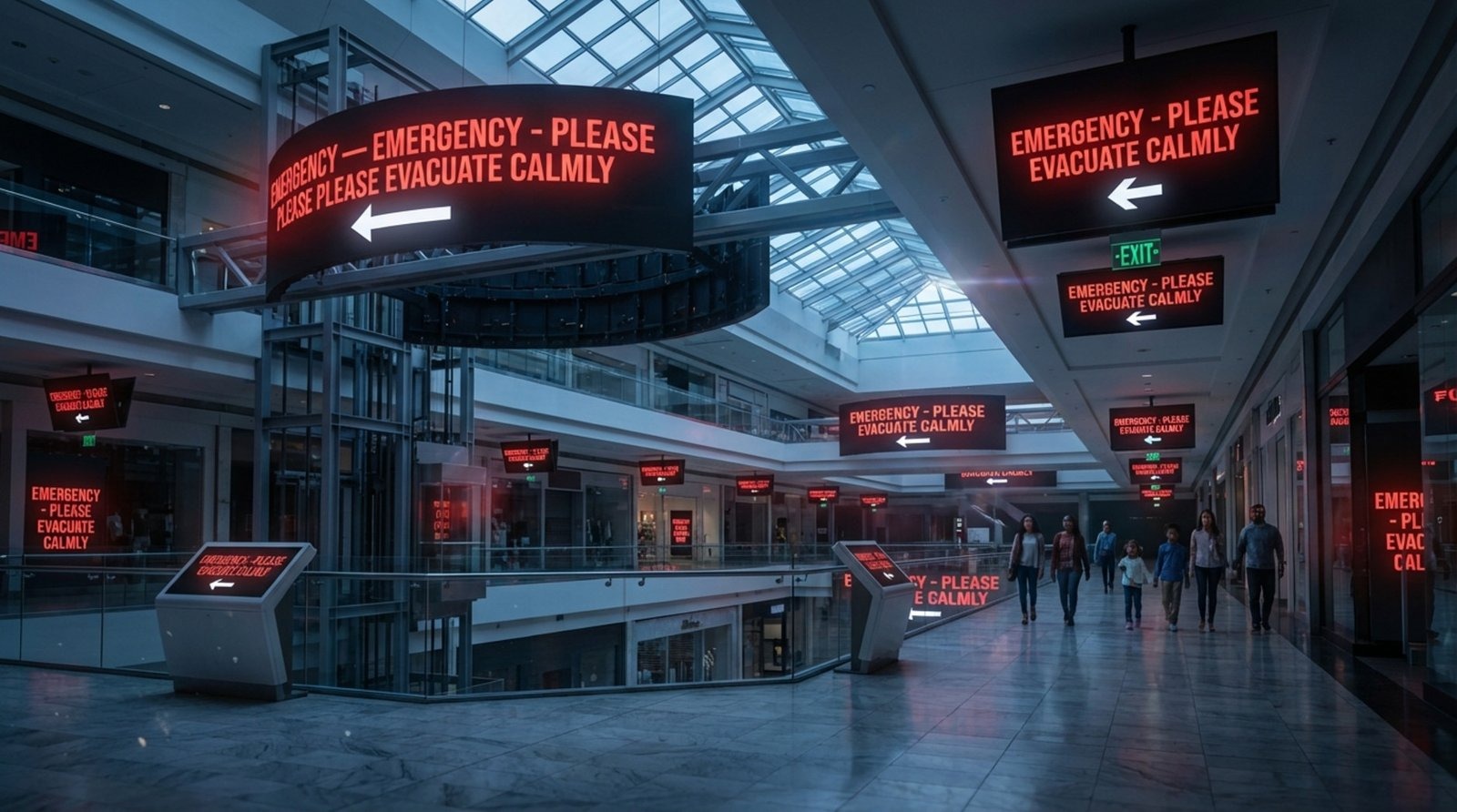 A shopping mall with digital displays showing a clear emergency evacuation alert in bright red and white text.